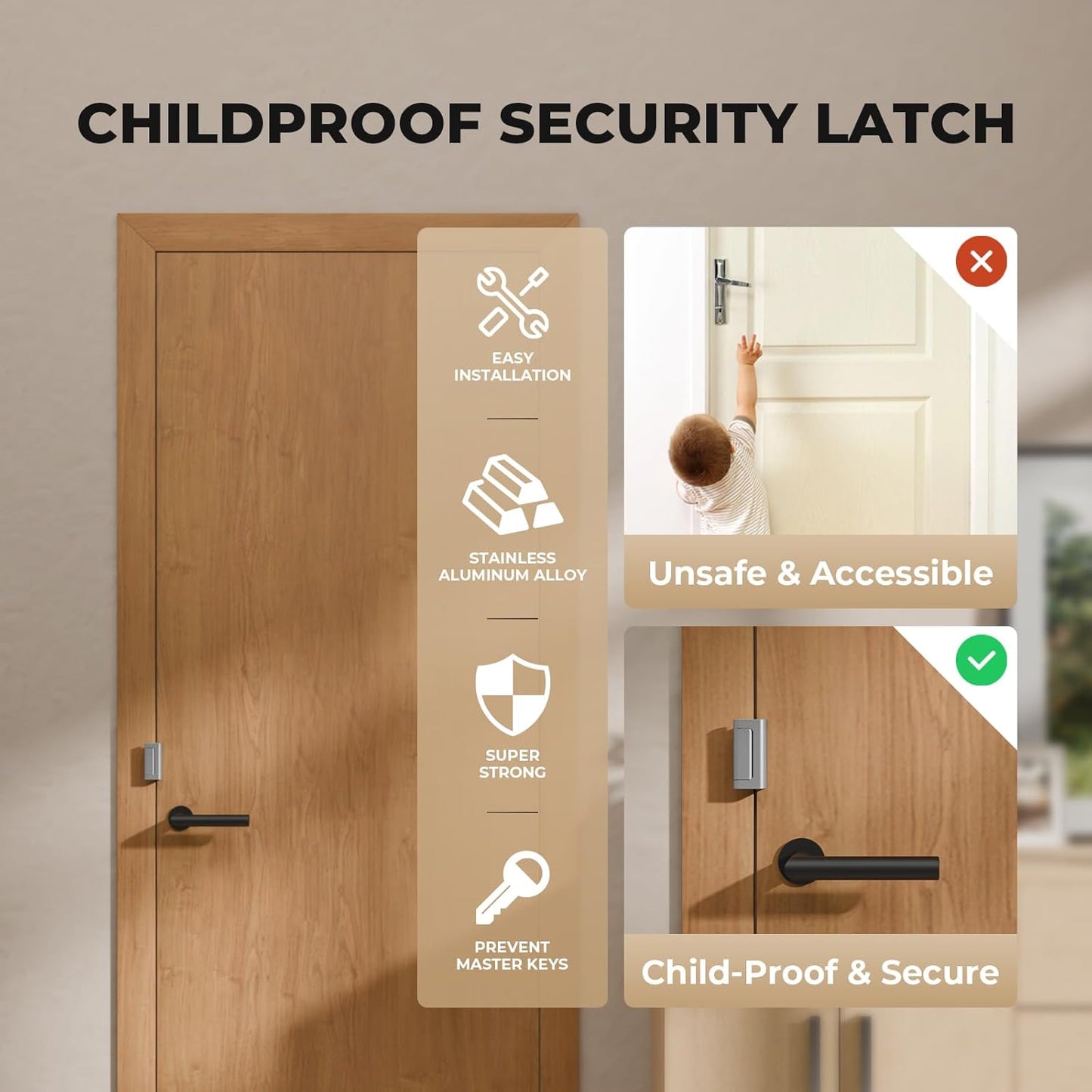 3 Pack Home Security Door Reinforcement Lock, Childproof Safety Door Lock Latch Stopper, Removable Screw-Mounted, Prevent Home Unauthorized Entry, Aluminum Construction, Withstands 800 lbs