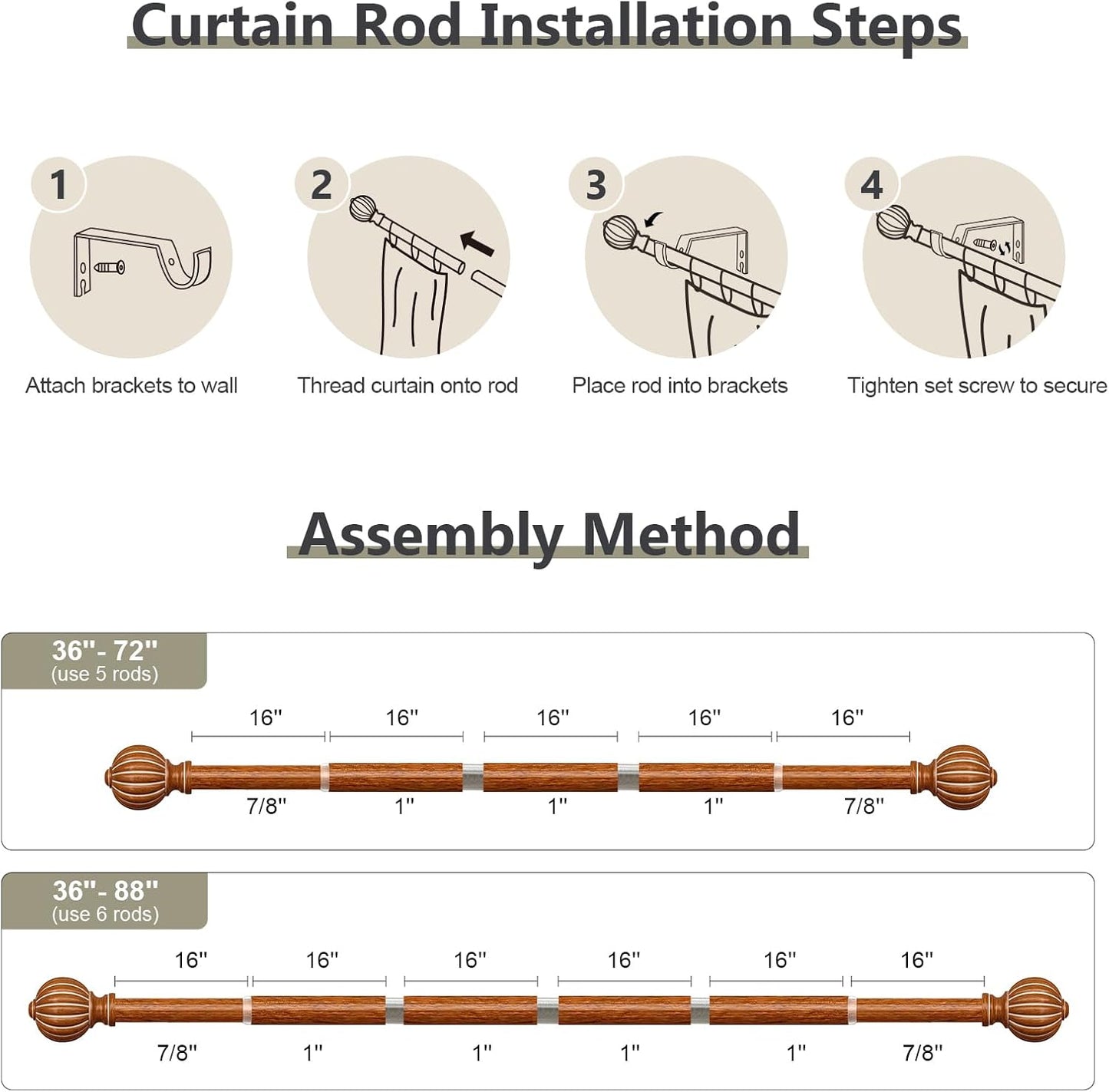 Imitation Wood Curtain Rods for Windows 48 to 84 Inch, 1 Inch Adjustable Heavy Duty Decorative Drapery Rods with Classic Finials, Dark Imitation Wood Window Curtain Pole, Size 36-88''