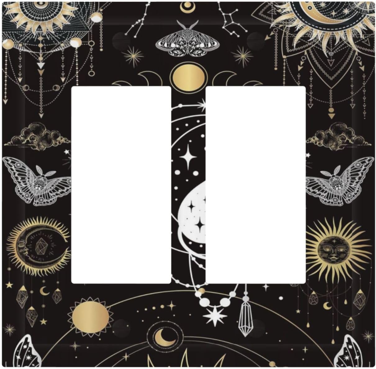 White Cat Tarot Moon Phases Moth Celestial Gothic Decorative Outlet Covers 2 Gang Double GFCI Rocker Electrical Wall Panels Light Switch Cover Plate for Kids Room Bedroom Decor