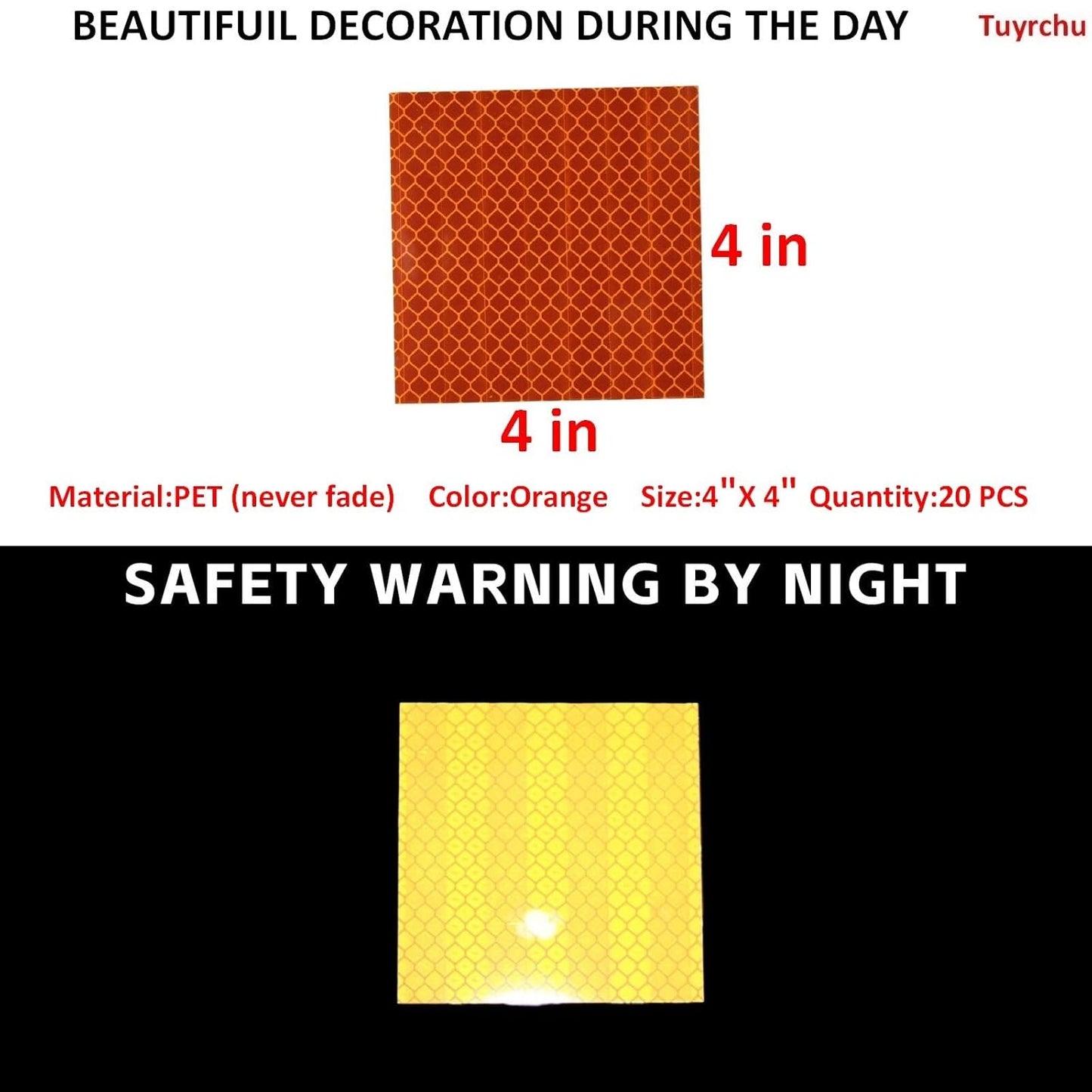Non Fading Orange Reflective Stickers 4 inch X 4 inch, Outdoor Waterproof High Visibility Warning Safety Adhesive Reflector Tape (20 Pcs)