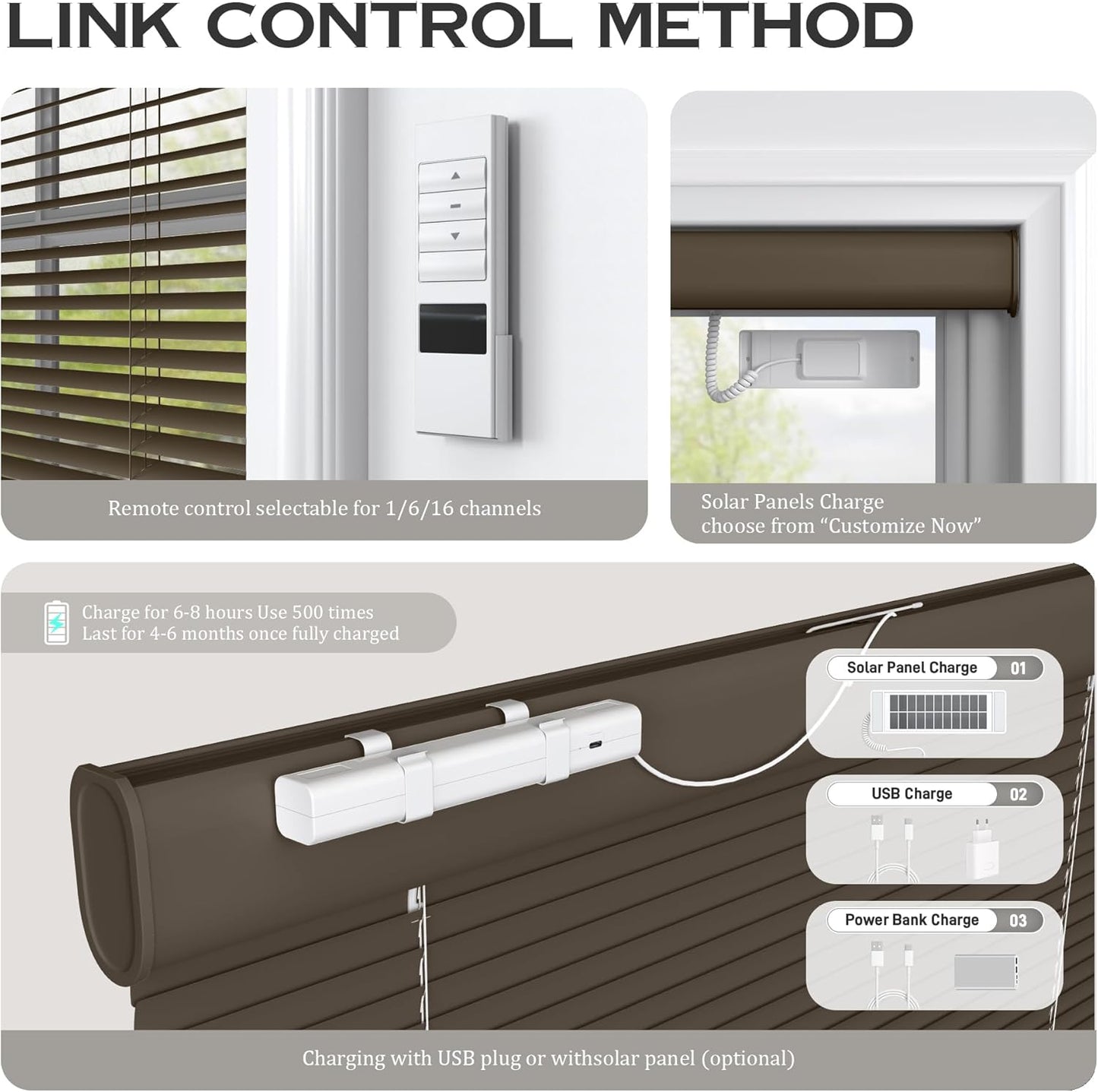 Motorized Cordless Aluminum Blinds with Remote, Automatic Room Darkening Horizontal Blinds for Indoor Windows, Light Adjustment Waterproof Blinds, Customized for Home Office, Brown
