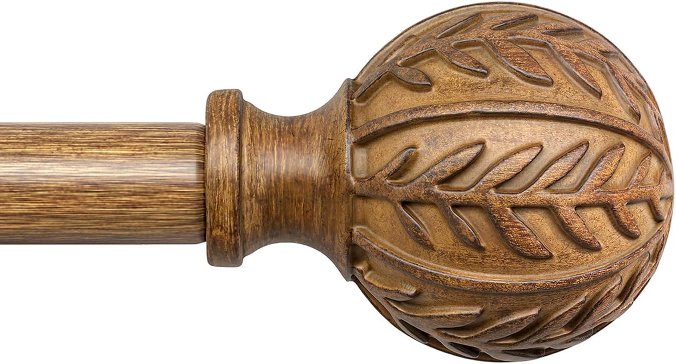 Boho Wood Curtain Rods for Windows 66 to 120 inch,1" Adjustable Heavy Duty Window Curtain Rod with Imitation Wood Grain Finials,Rustic Decorative Drapery Rods Set,Size:36-120'',Natural Wood