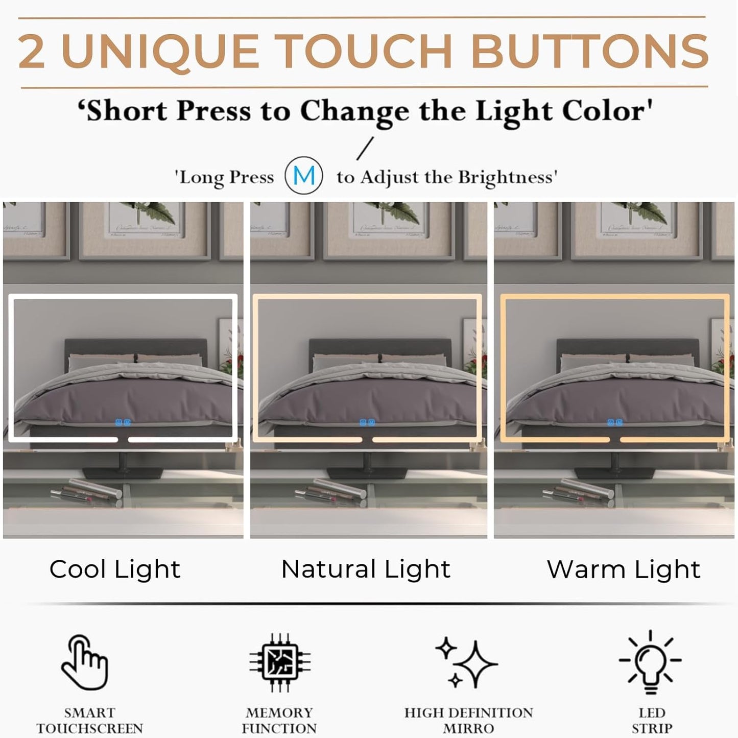 Vanity Mirror with Lights, 23.27 x 17.7 Inch LED Makeup Mirror, Lighted Makeup Mirror with Dimmable 3 Modes, Smart Touch Control, Aluminum Frame and Tempered Glass Base, Bronze