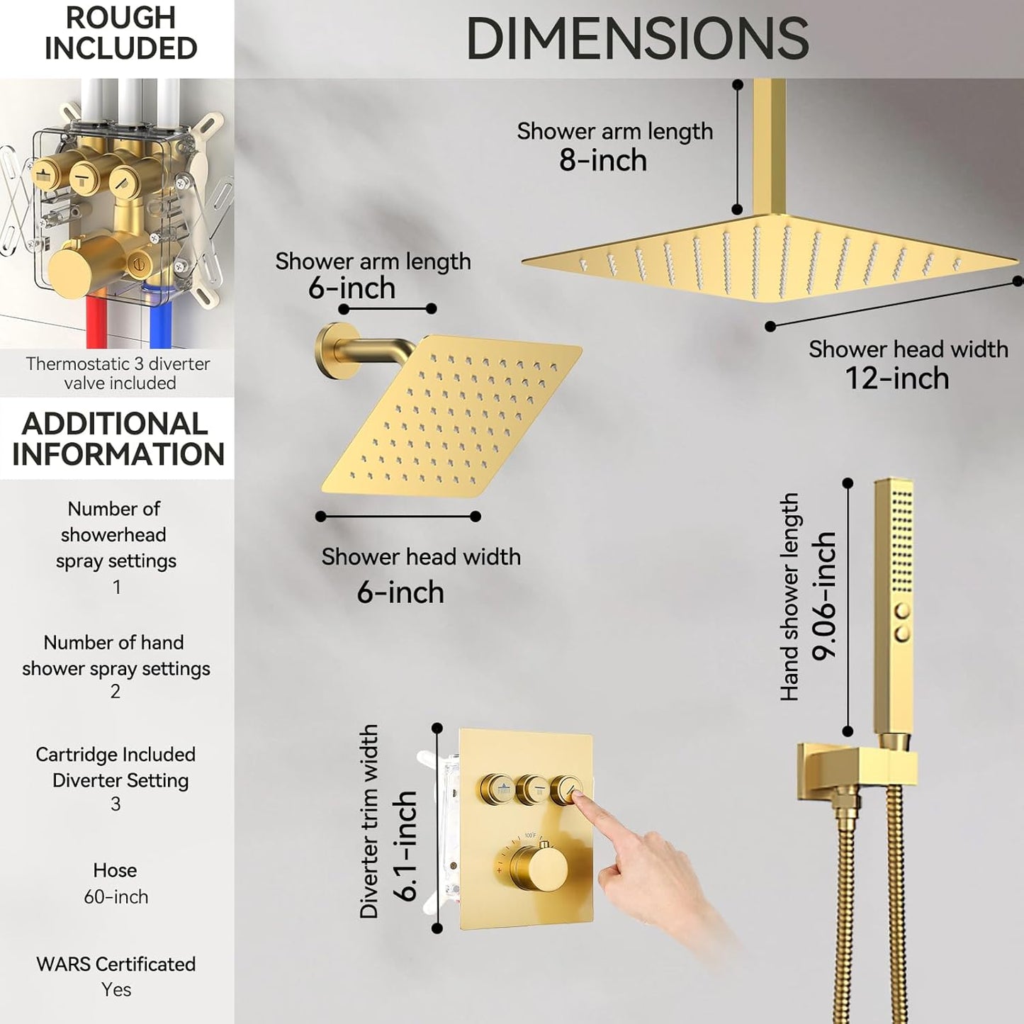 Brushed Gold Shower System, STARBATH Ceiling Mounted 10+6 Inch Rainfall Shower Head with 2 in 1 High Pressure Handhled, Can Use All at Once, Push Button Diverter Thermostatic Valve with Trim Kit