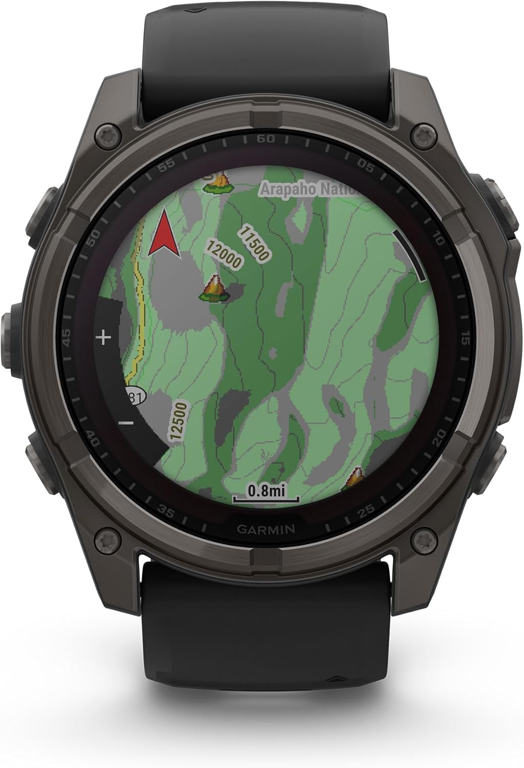 Garmin Fenix 8 Premium Multisport GPS Running Smartwatch, 51 mm, Sapphire, Solar, Dive-Rated, Built-in Flashlight, DLC Titanium with Pebble Gray Band - Signature Series Charging Stand