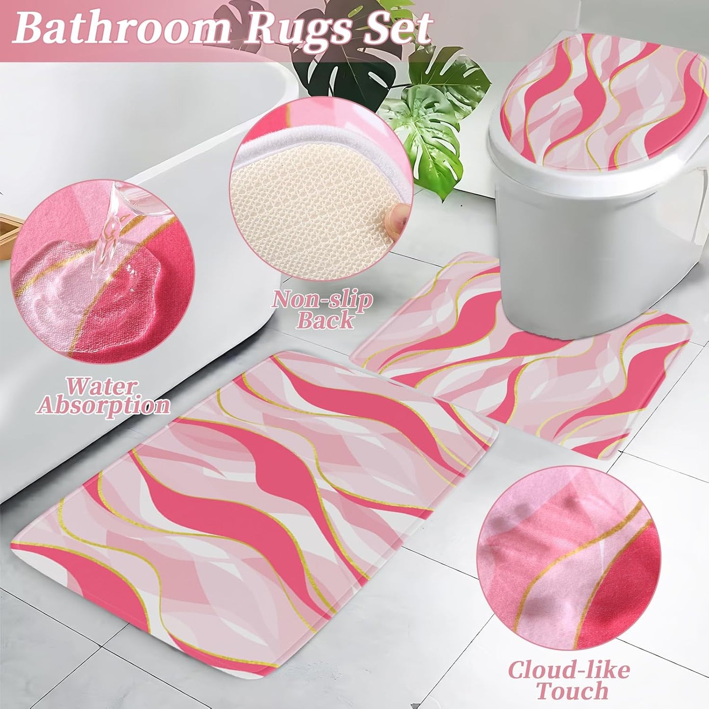 Bathroom Set - Pink and Gold Bathroom Accessories, Bathroom Sets with Shower Curtain and Rugs, Pink Shower Curtain Set with Bathroom Trash Can, Soap Dispenser, Soap Dish for Home Decor