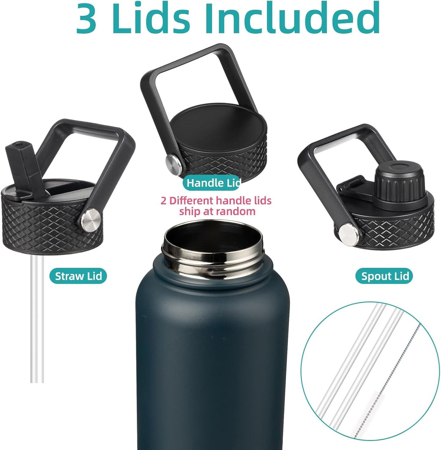 32 oz Insulated Water Bottle Stainless Steel Sport Bottles with 3 Lids,Navy Blue