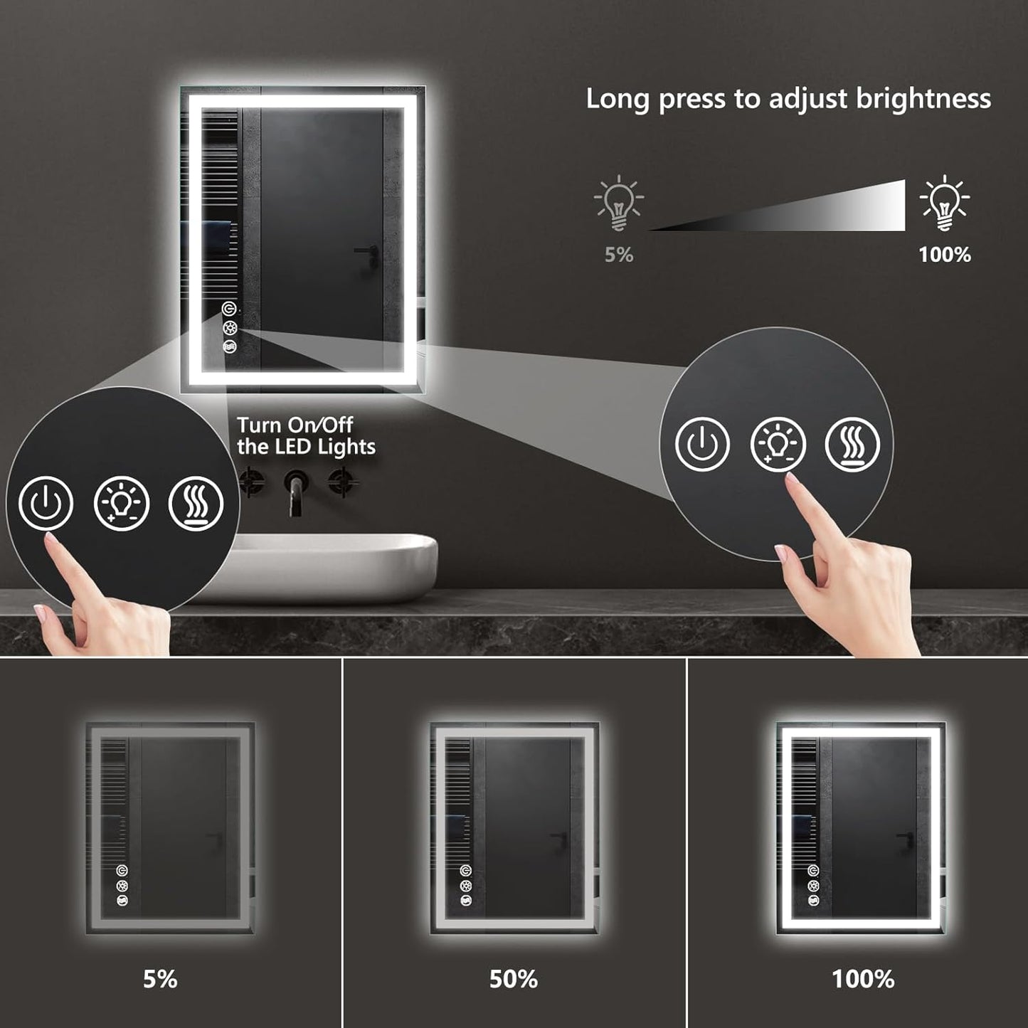 APRILSOUL 20x28 Inch LED Bathroom Mirror with Front and Backlit, Makeup Mirror with 3 Color Lights, Memory Function, Anti-Fog and Dimmable Light (Horizontal/Vertical)