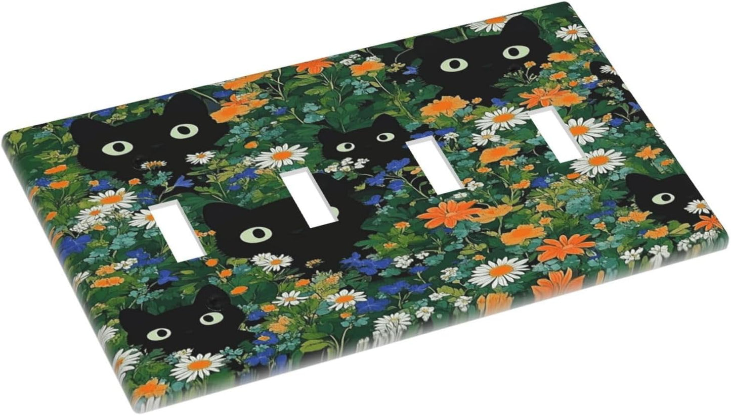 Boho Funny Black Cute Cats Daisy Wildflower Light Switch Covers Quad Toggle Electrical Faceplate 4 Gang Wall Plate Decorative Switch Plates For Kids Room Bed Room Decor