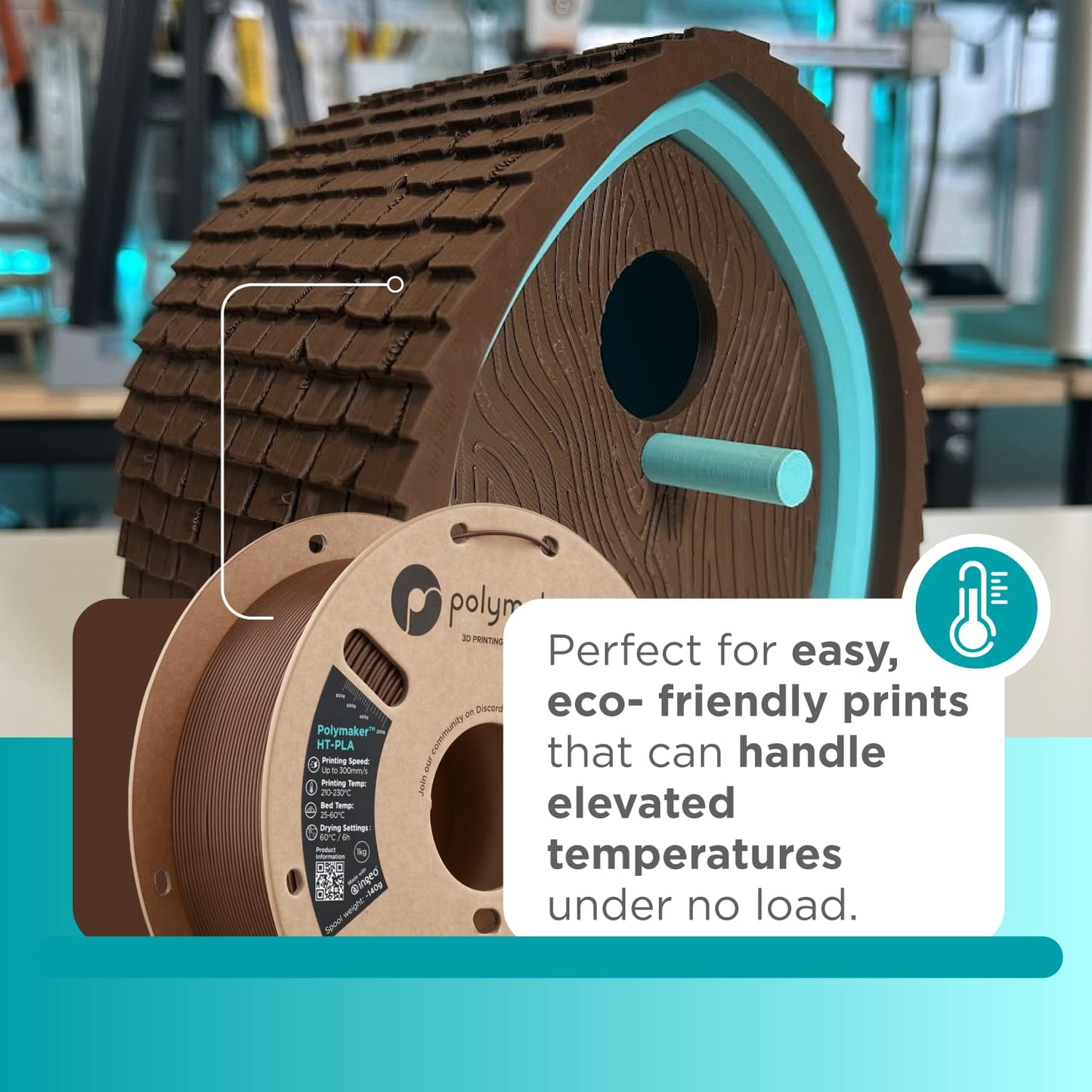 Polymaker HT-PLA Filament 1.75mm Brown, High Temp PLA for 3D Printing, Heat Stable Up to 150°C, Easy to Print, Works with Most FDM Printers, 1kg Spool