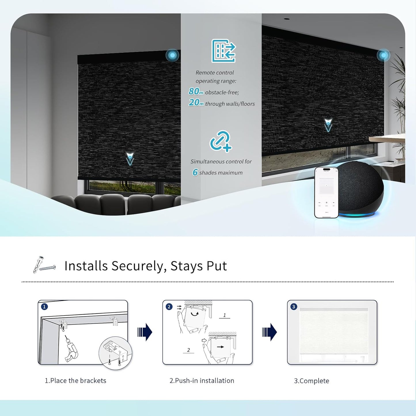 Motorized Blinds with Remote Custom Size Blackout Smart Roller Shades Compatible with Alexa Google, Electric Blinds for Windows