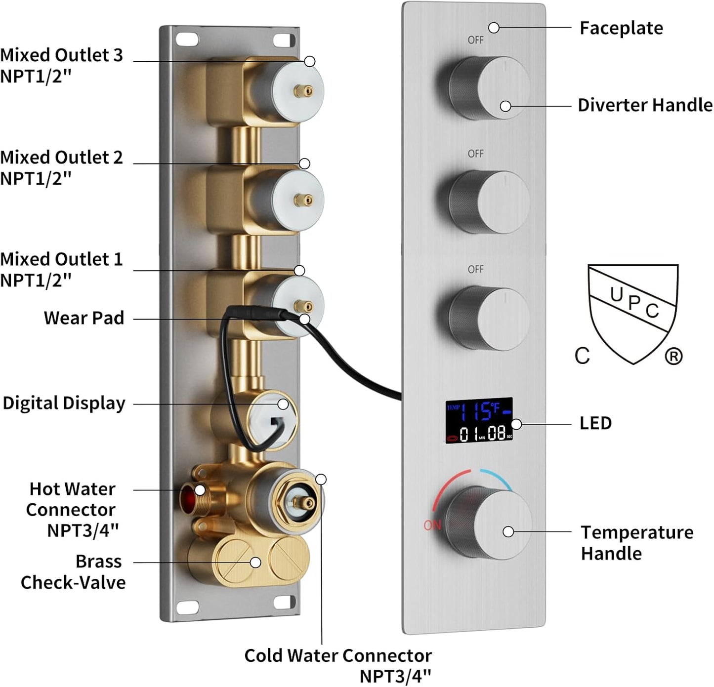 Triple Function Shower Diverter Digital Display Shower Mixer Valve Kit Replacement Temperature Control Valve with Individual On Off Flow Control Shower Valve, Brushed Nickel