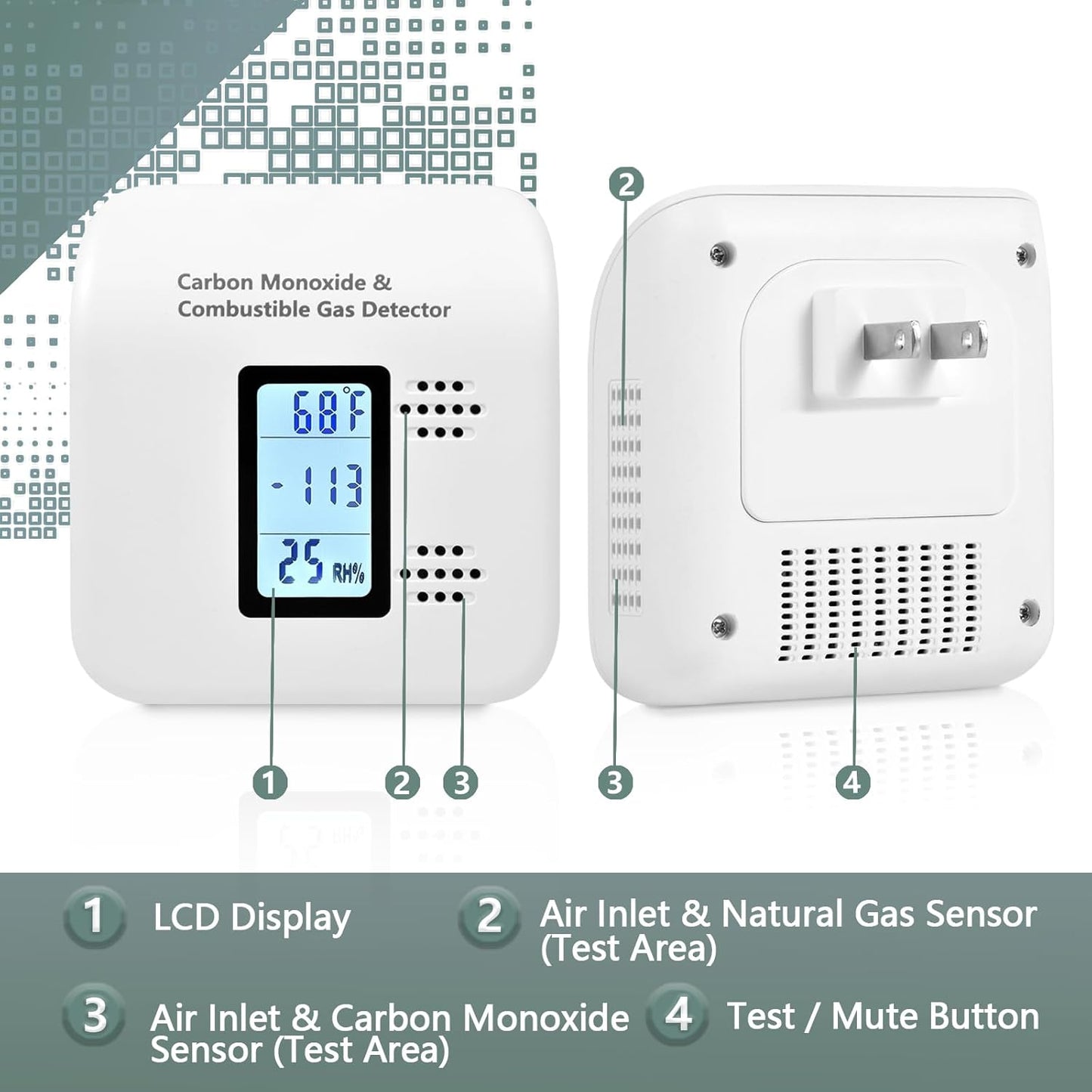 Carbon Monoxide Detectors Plug in, 4-in-1 CO & Natural Gas Detector with Fast Response Sensor, Ultra-Thin Foldable Plug, Temperature & Humidity Display for Home, Apartment & RV Safety