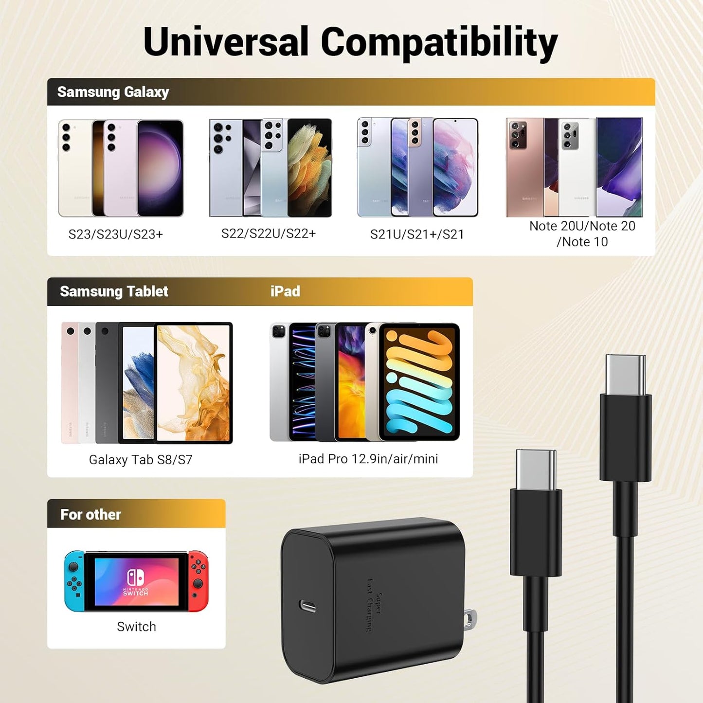 [6FT+10FT] 45W Super Fast Charger Type C, for Samsung Galaxy S25 S24 Charger Block with 6/10FT Type C Charging Cord for Samsung Galaxy S25 S24 S23 Ultra/S22, iPhone 17/16/15 Pro,Pro Max,Plus