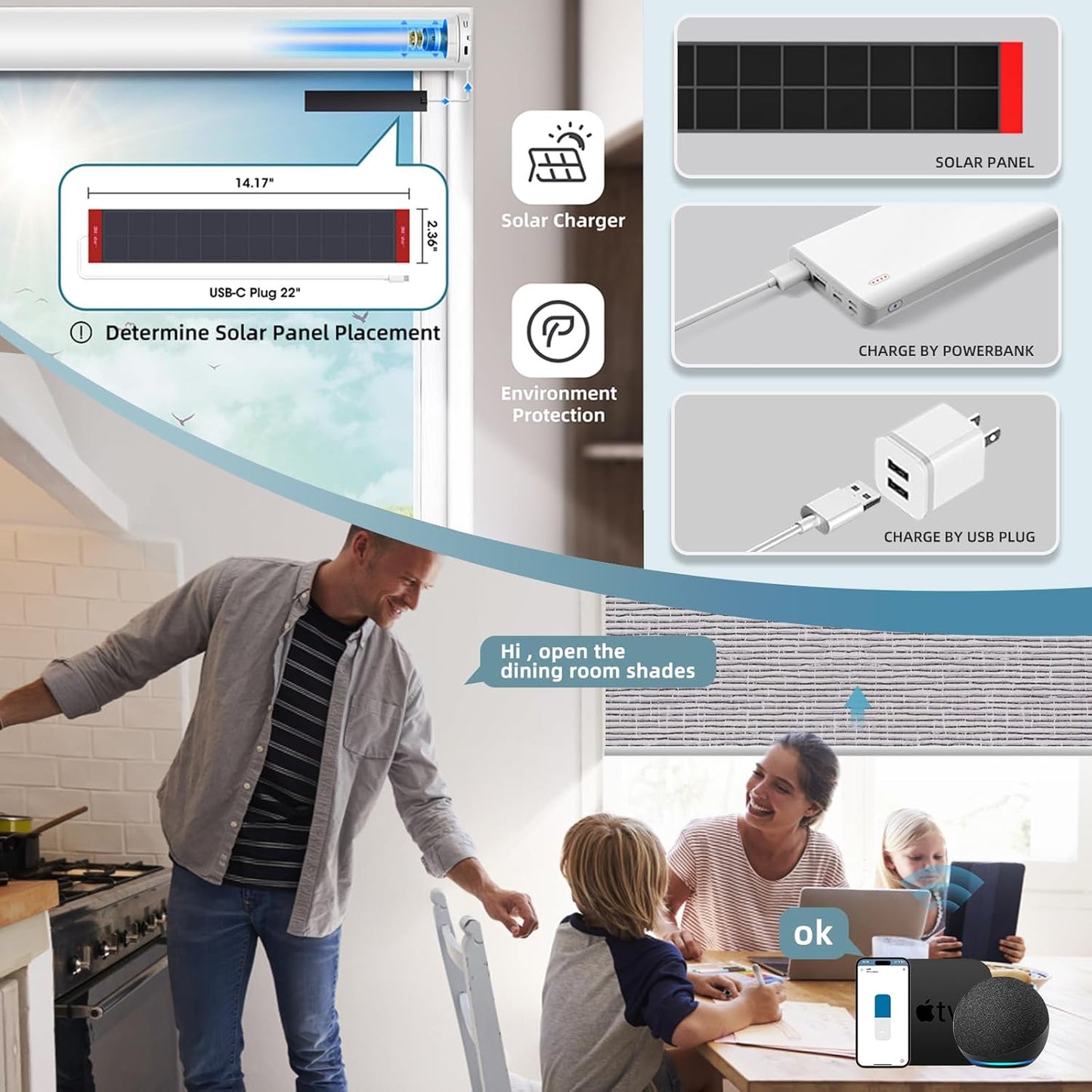 SmartWings Motorized Roller Shades Work with Homekit, Alexa Google, 100% Blackout Smart Blinds for Windows, Cordless Remote Control Window Shades, Safari Rock Grey, Customized Size