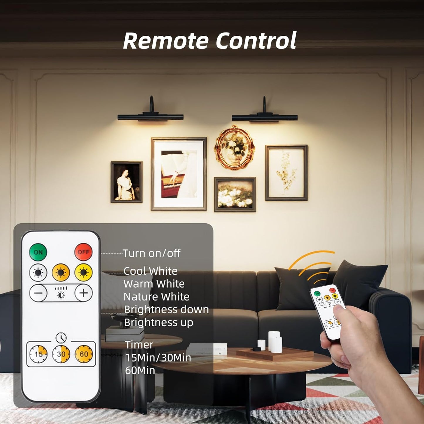 13.8inch Battery Operated Wireless Picture Light，Remote Control Painting Display Lights, Rechargeable Wall Lights with Three Modes and Power Display for Art Frame (13.8in Black-2set)