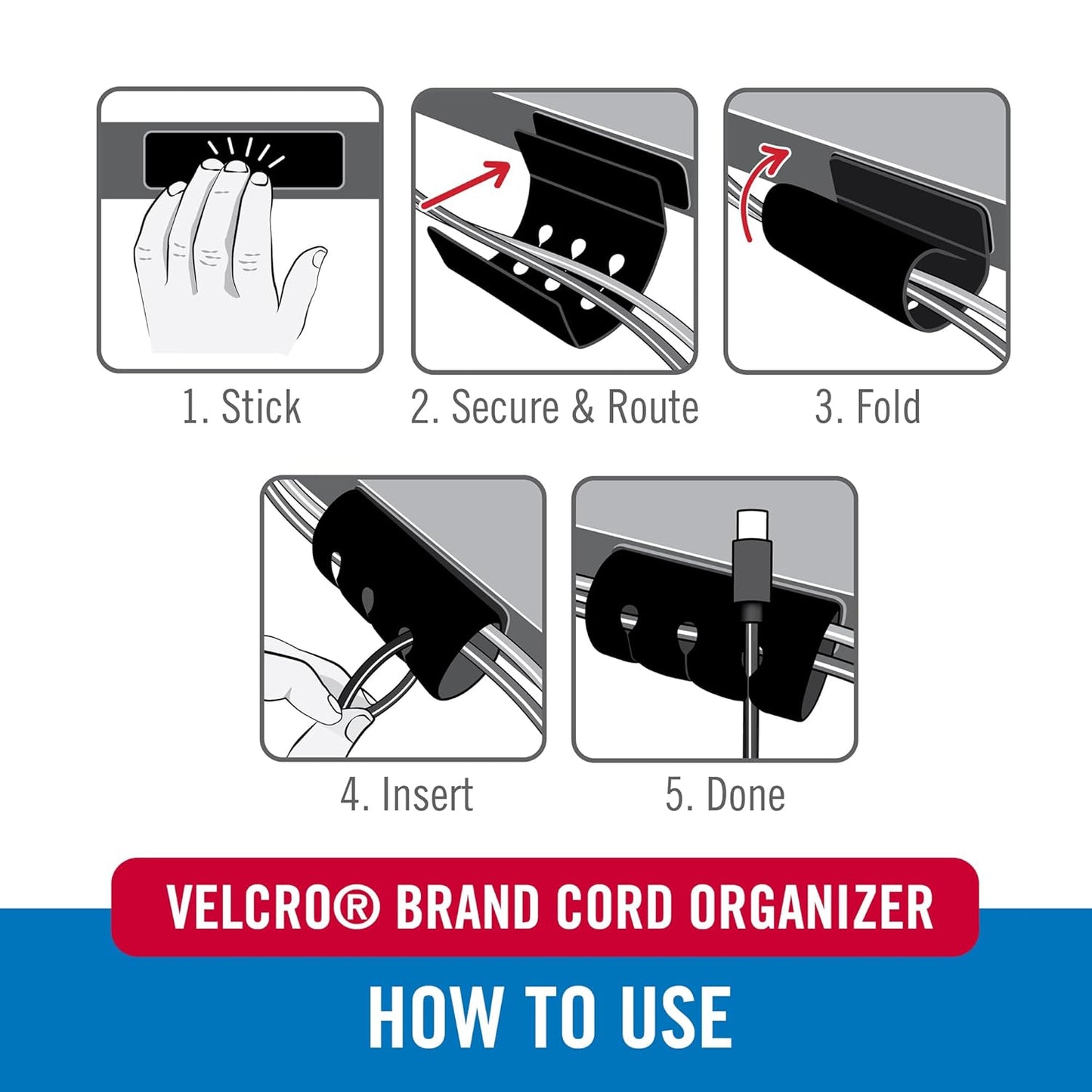 Velcro Brand Cord Organizer for Desk & Nightstand, Stocking Stuffers for Adults, 5 Cable Slots with Sleeve Routing, Adhesive Wire Holder for Cord Management, Home, Office & Gaming, Black 2 Pack