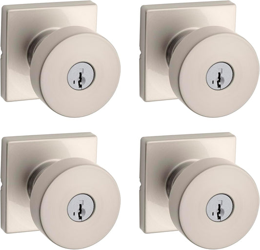 Kwikset Pismo Entry Door Knob with Lock and Key, Secure Keyed Handle Exterior, Front Entrance and Bedroom, Satin Nickel, 4 Pack, Pick Resistant SmartKey Rekey Security and Microban