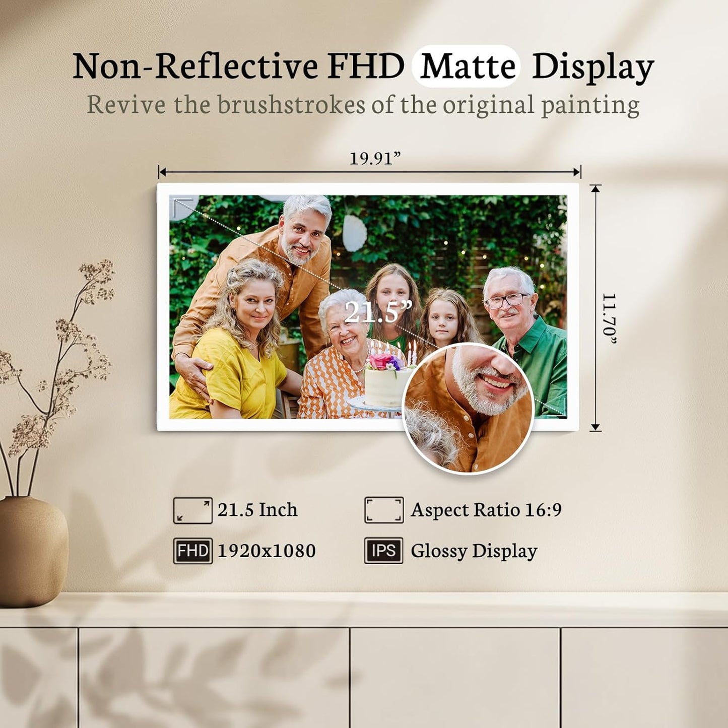 BSIMB Large Digital Picture Frame 21.5 Inch, 1920x1080 FHD WiFi Digital Photo Frame Electronic 32GB Remote Control, Share Pictures/Videos via App/USB/SD Easy Setup Gifts for Mom(Non-Touch), White