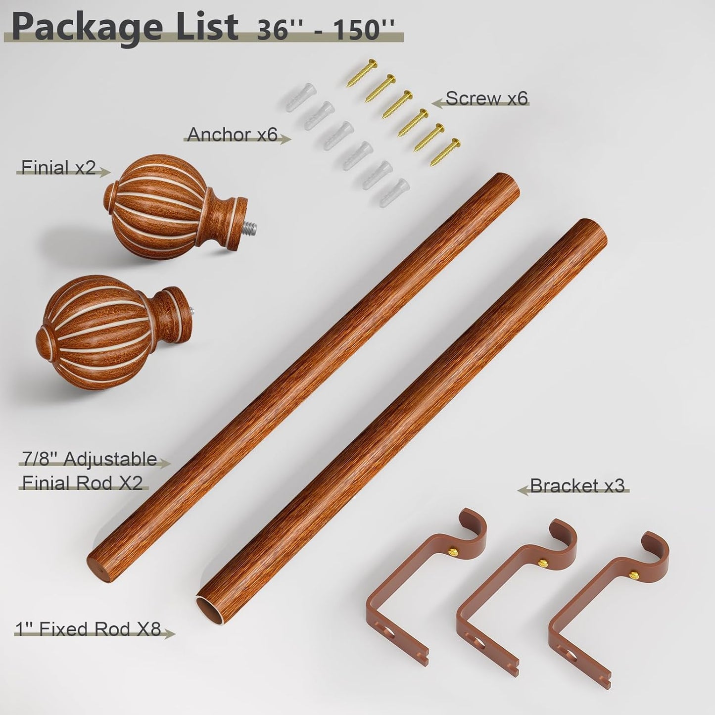 Reddish-Brown Wood Curtain Rods for Windows 72 to 144 Inch, 1'' Adjustable Heavy Duty Curtain Rod，Vintage Imitation Wood Decorative Drapery Rods with Pumpkin Finials for Bedroom Living Room