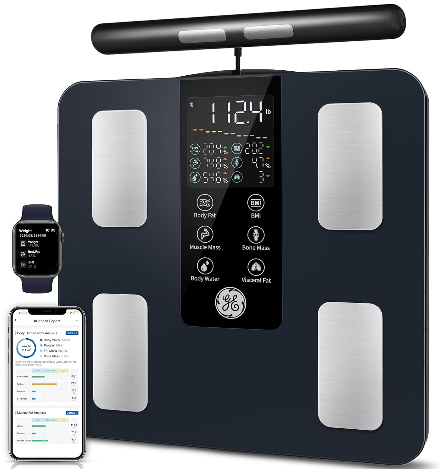 GE Smart Scale for Body Weight: 8-Electrode Digital Bathroom Scale for Weight Fat BMI Muscle Mass Full Body Composition Analyzer 27 Measurements Bluetooth Highly Accurate Weighing Machine 400lb Black