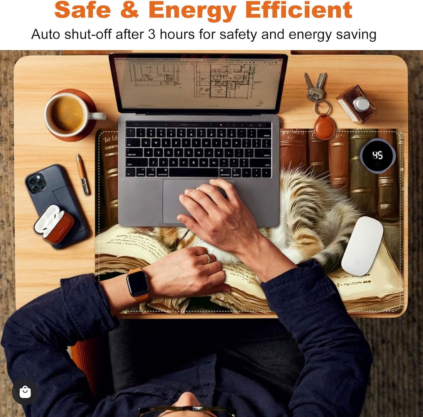 Small Heated Desk Pad 23.6" x 14.2" – Compact Electric Mouse Pad with 3 Heating Levels, Auto Shut-Off, Waterproof PU Surface, Plug-in Warmer for Office or Home Use, Kitten on Book