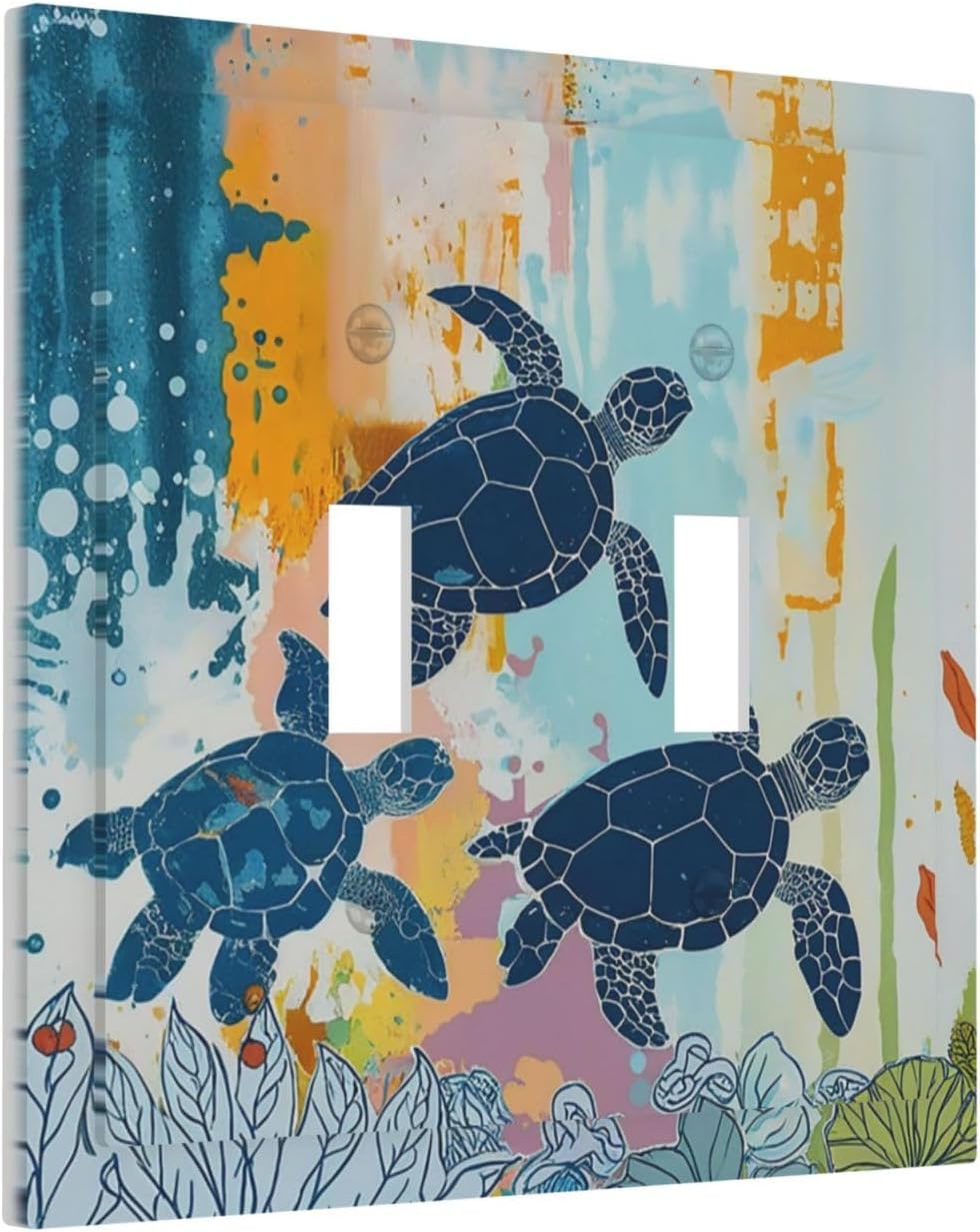 Decorative Switch Plates Colorful Ocean Sea Turtle Marine Life 2 Gang Double Toggle Outlet Light Switch Cover Wall Plate Electrical Faceplate for Kids room Bedroom Decor
