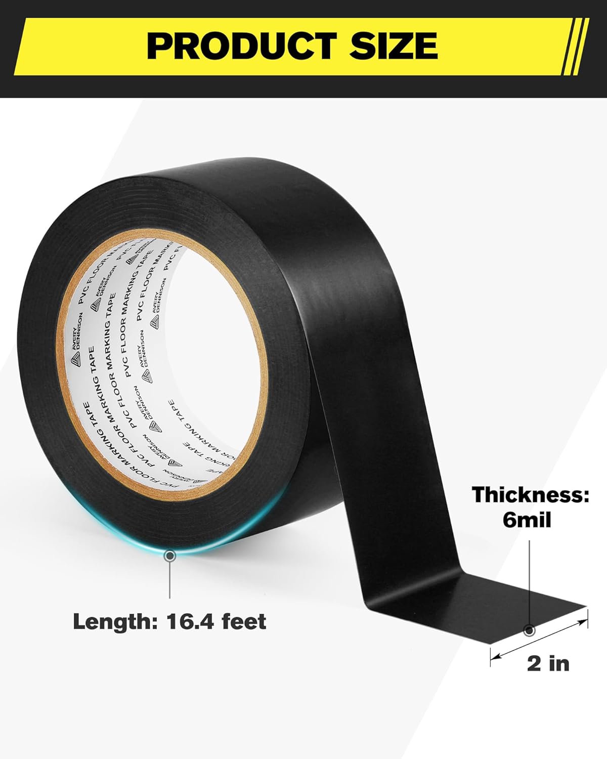 Avery Dennison Floor Marking Tape, 2 Inch x 108 Ft Black Caution Tape, 1 Roll Heavy Duty Safety Warning Tape, High Adhesion for Indoor/Outdoor | Warehouse, Factory, Parking, Industrial