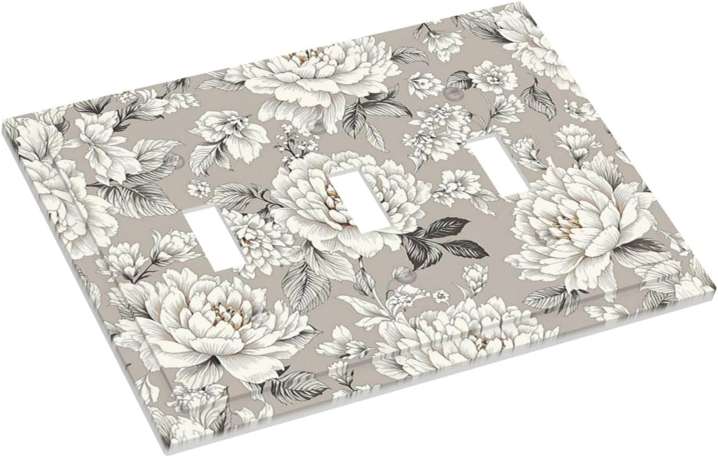 White Poppies Floral Modern Grey Peonies Flowers Decorative Switch Plates 3 Gang Wall Plate Triple Toggle Light Switch Cover Electrical Wall Panels Faceplate for Bedroom Bathroom Decor