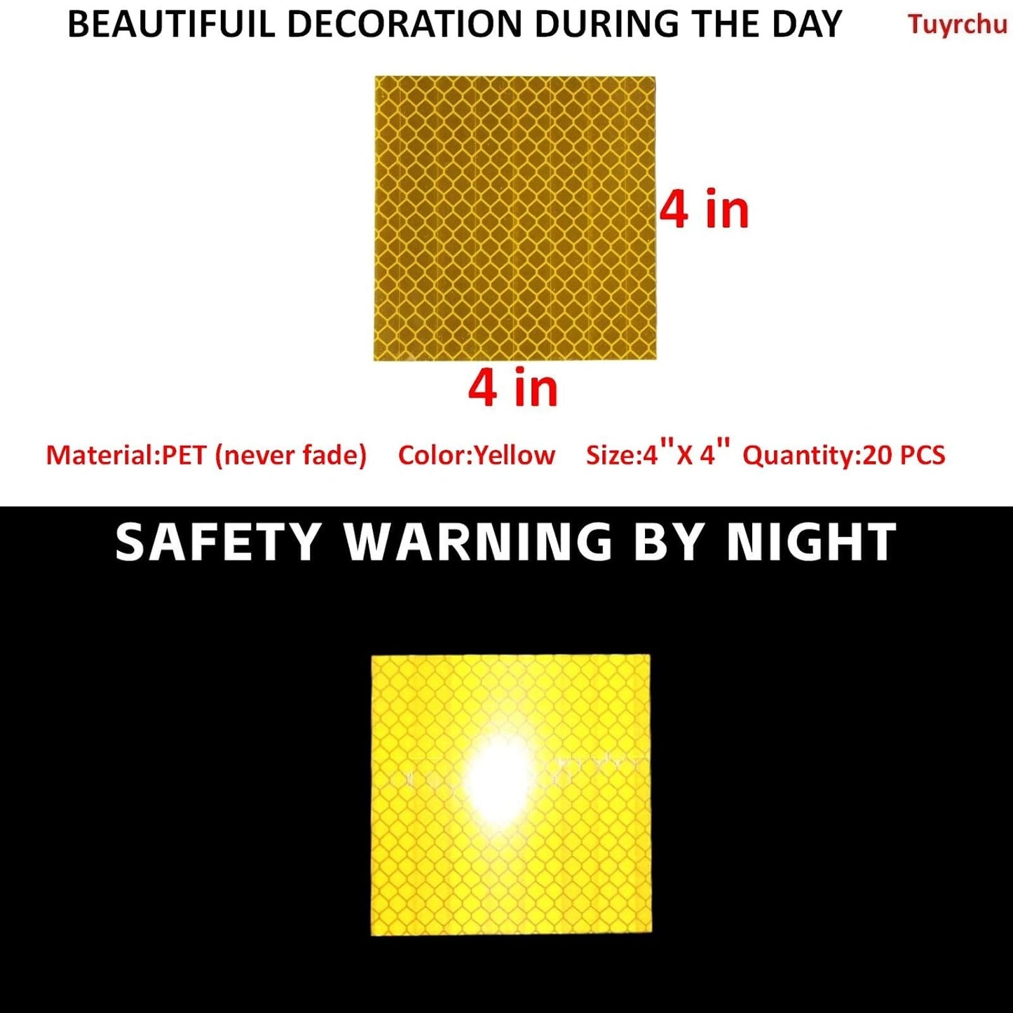 Non Fading Yellow Reflective Stickers 4 inch X 4 inch, Outdoor Waterproof High Visibility Warning Safety Adhesive Reflector Tape (20 Pcs)
