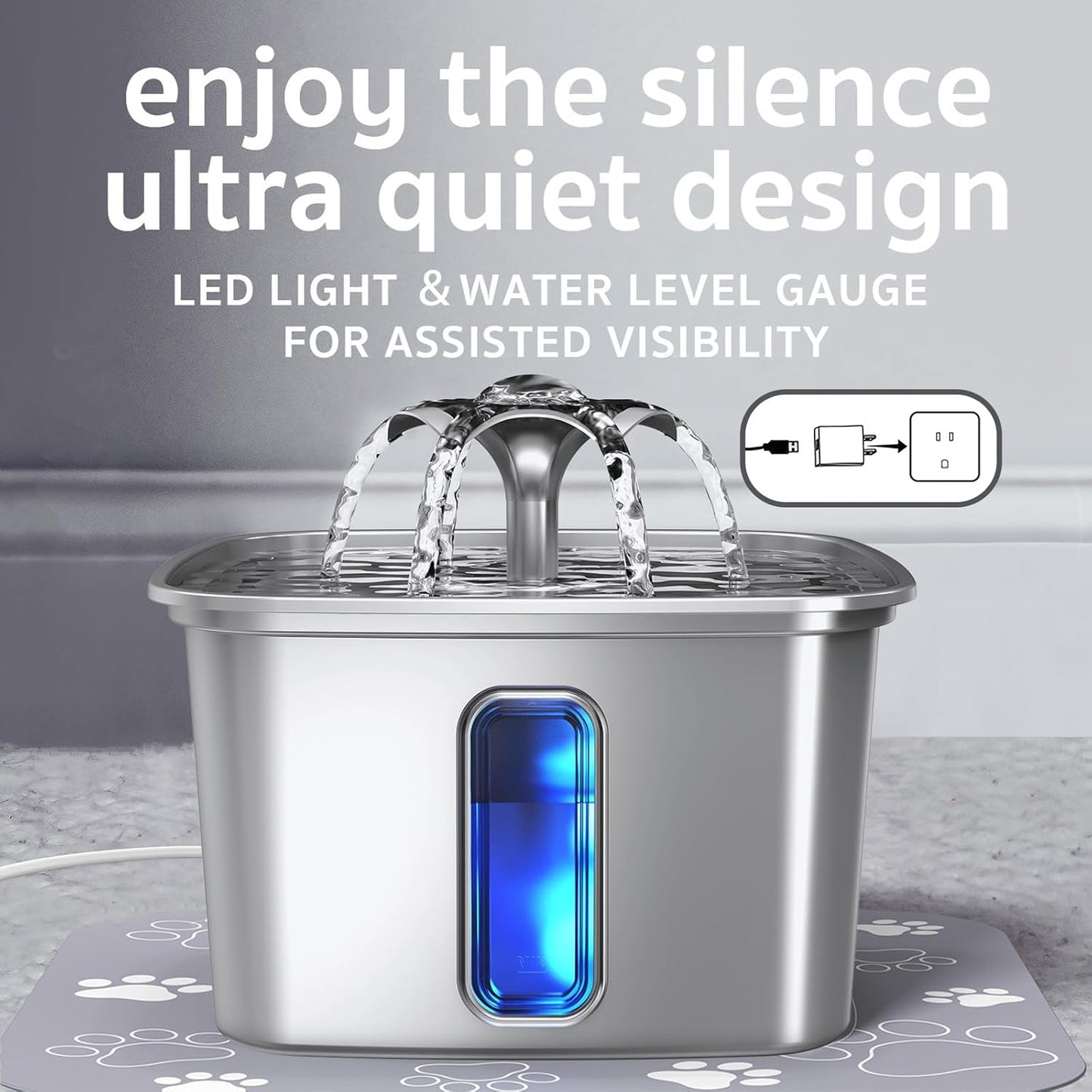 Veken Innovation Award Winner Stainless Steel Cat Water Fountain, 108oz/3.2L Automatic Pet Fountain Dog Water Dispenser with Replacement Filters & Silicone Mat for Cats, Dogs, Multiple Pets (Silver)