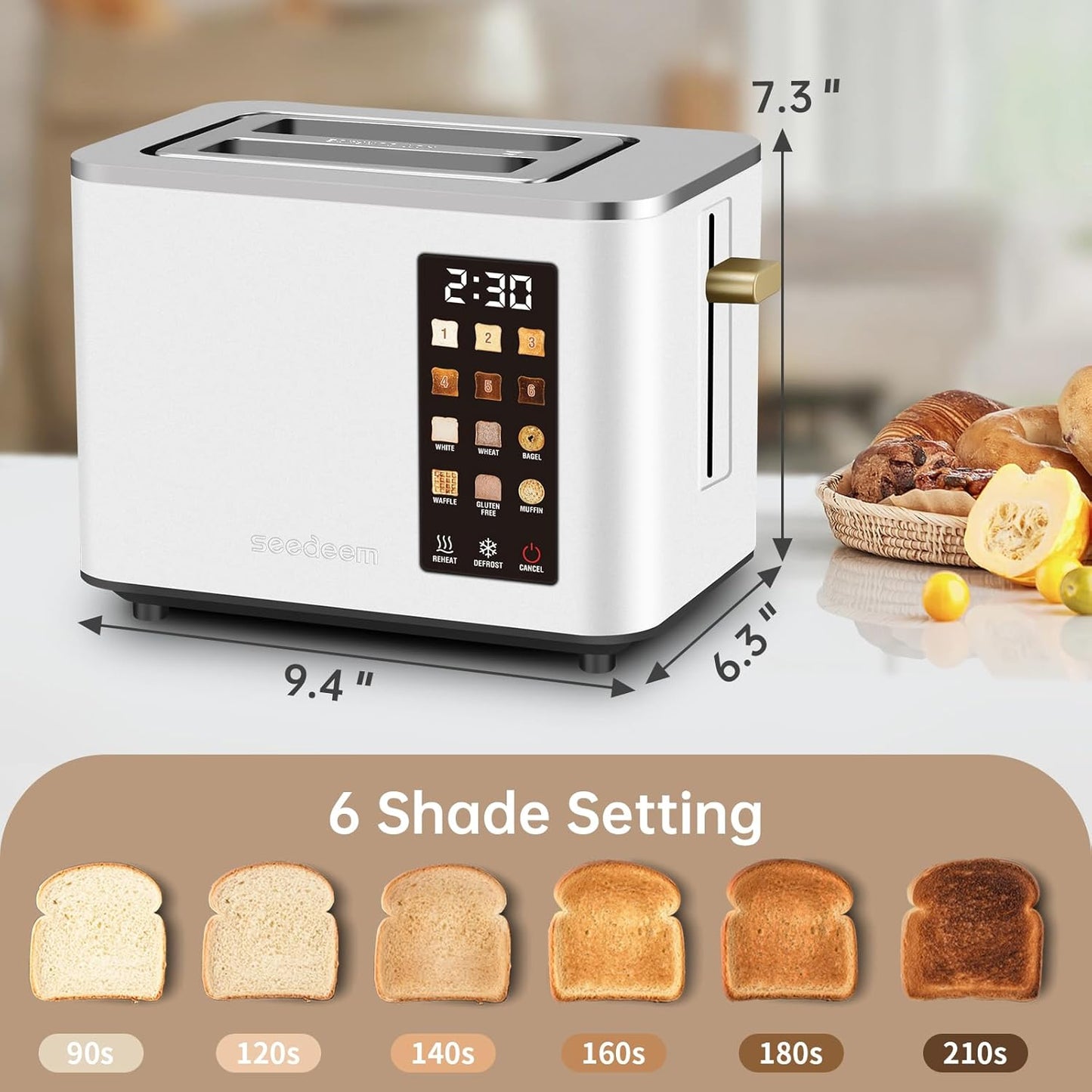 SEEDEEM Toaster 2 Slice, Touch Control Screen, Smart Stainless Toaster, 6 Shade Setting, 6 Bread Selection, Countdown, Removable Crumb Tray, 900W, Pearl White