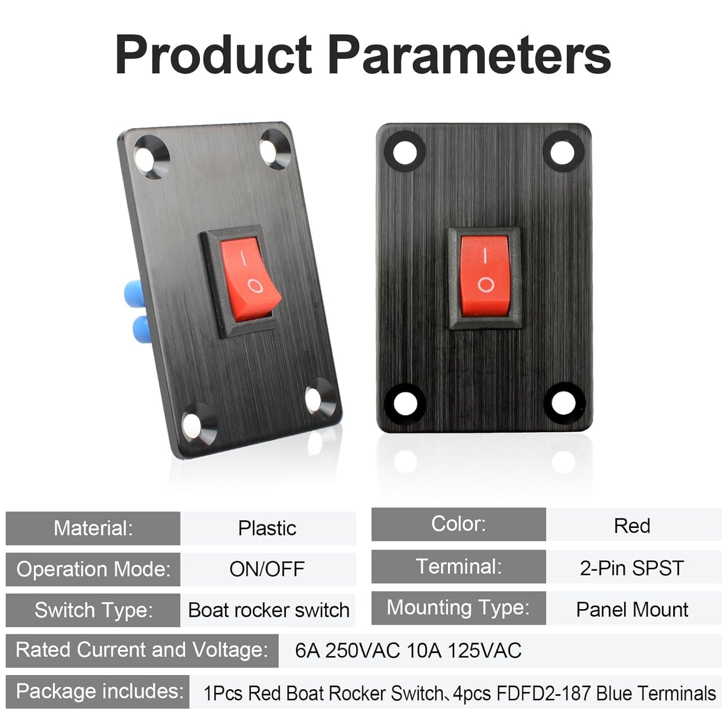1Pcs Red KCD1 Boat Rocker Switch 2-Position 2-Pin SPST Panel Switch 6A 250VAC 10A 125VAC, with 4pcs FDFD2-187 Blue Terminals, CE