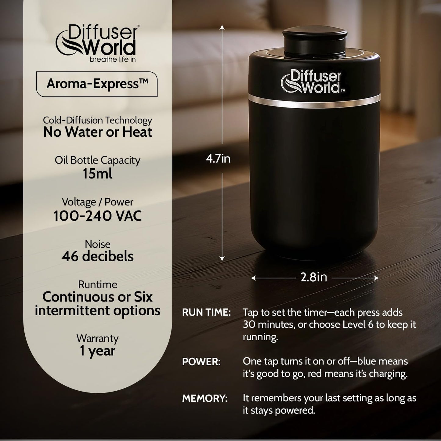 600 Sq Ft Waterless Diffuser for Essential Oils, Aroma Express Black Portable Aroma Atomizer for Room Fragrance, Home Scent Machine, Air Aromatherapy