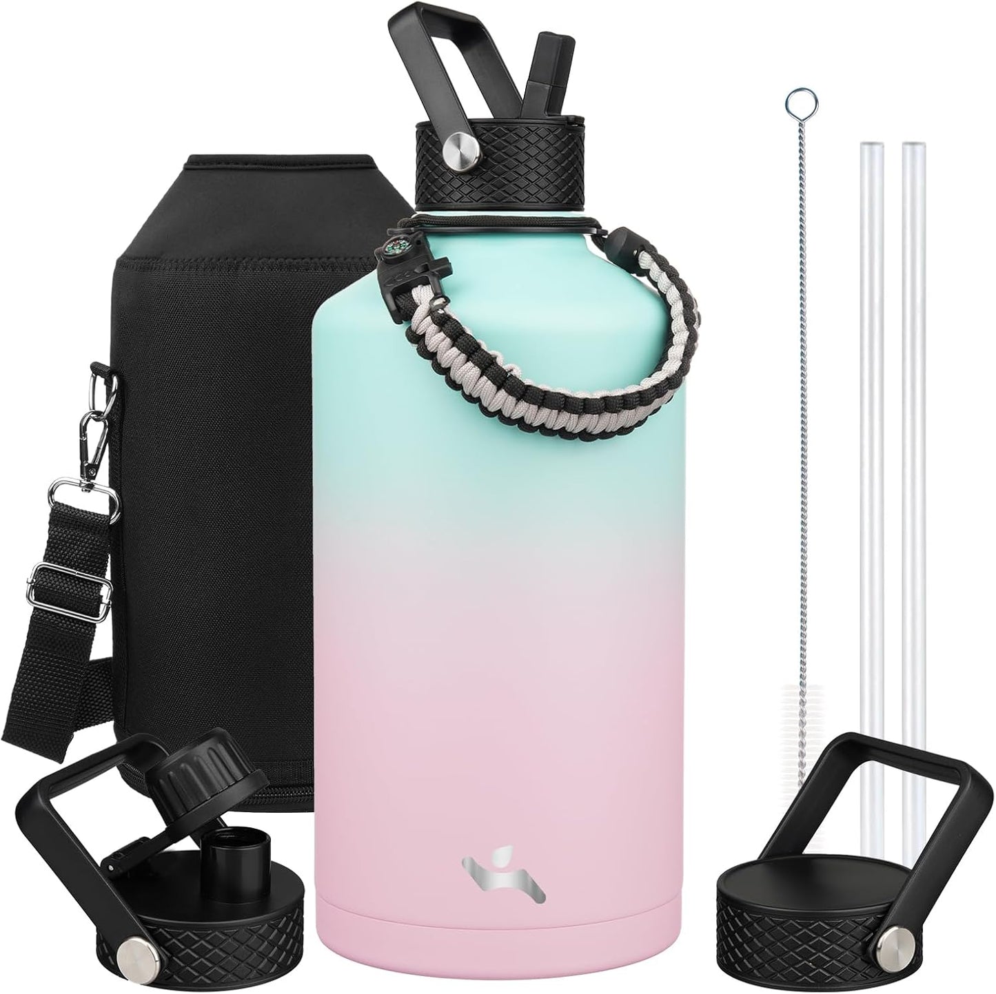 Gallon Insulated Water Bottle with Straw,128 oz 3 Lids Water Jug with Carrying Bag,Paracord Handle, Double Wall Vacuum Stainless Steel Metal Flask,Gum