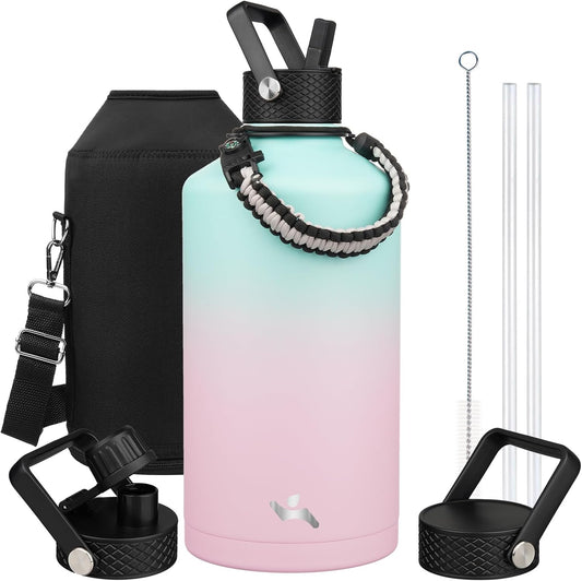 Gallon Insulated Water Bottle with Straw,128 oz 3 Lids Water Jug with Carrying Bag,Paracord Handle, Double Wall Vacuum Stainless Steel Metal Flask,Gum