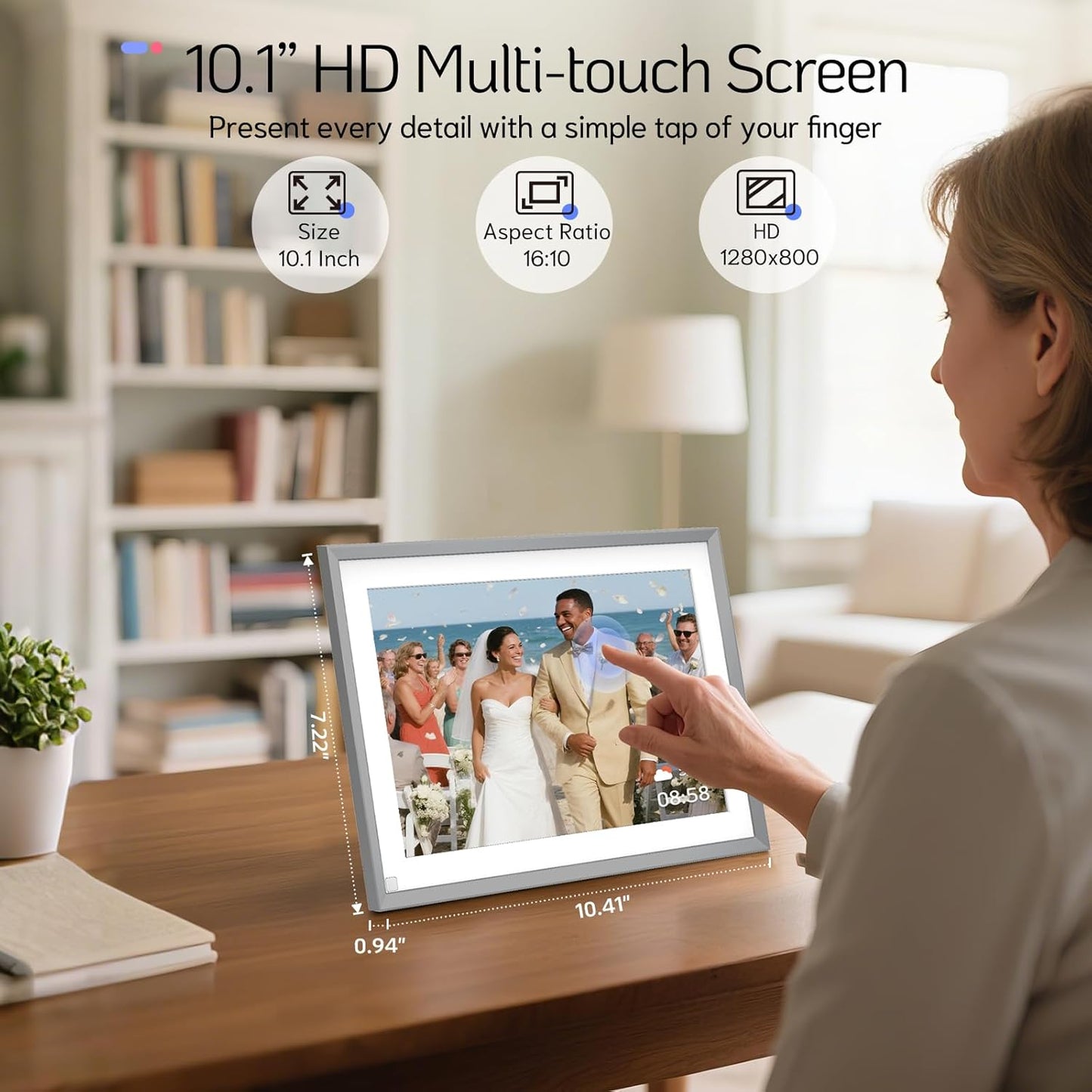 NexFoto 10.1” Digital Picture Frame 64GB, HD Touchscreen WiFi Electronic Photo Frame, Share Photos/Videos via APP/USB, Add Pics from Google Photos, Gift for Christmas/Mom/Grandparents, Silver