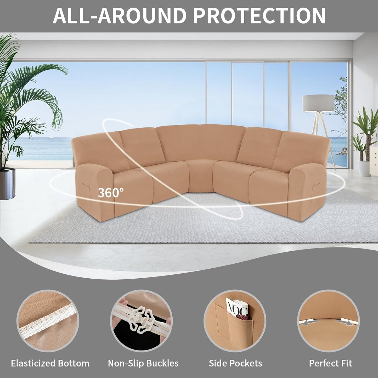 Easy-Going 100% Waterproof Recliner Cover, Stretch Couch Covers for Reclining Couches, Extra Large Sectional Sofa Slipcover, L-Shape Furniture Protector for Kids & Pets, 5 Seater, Camel