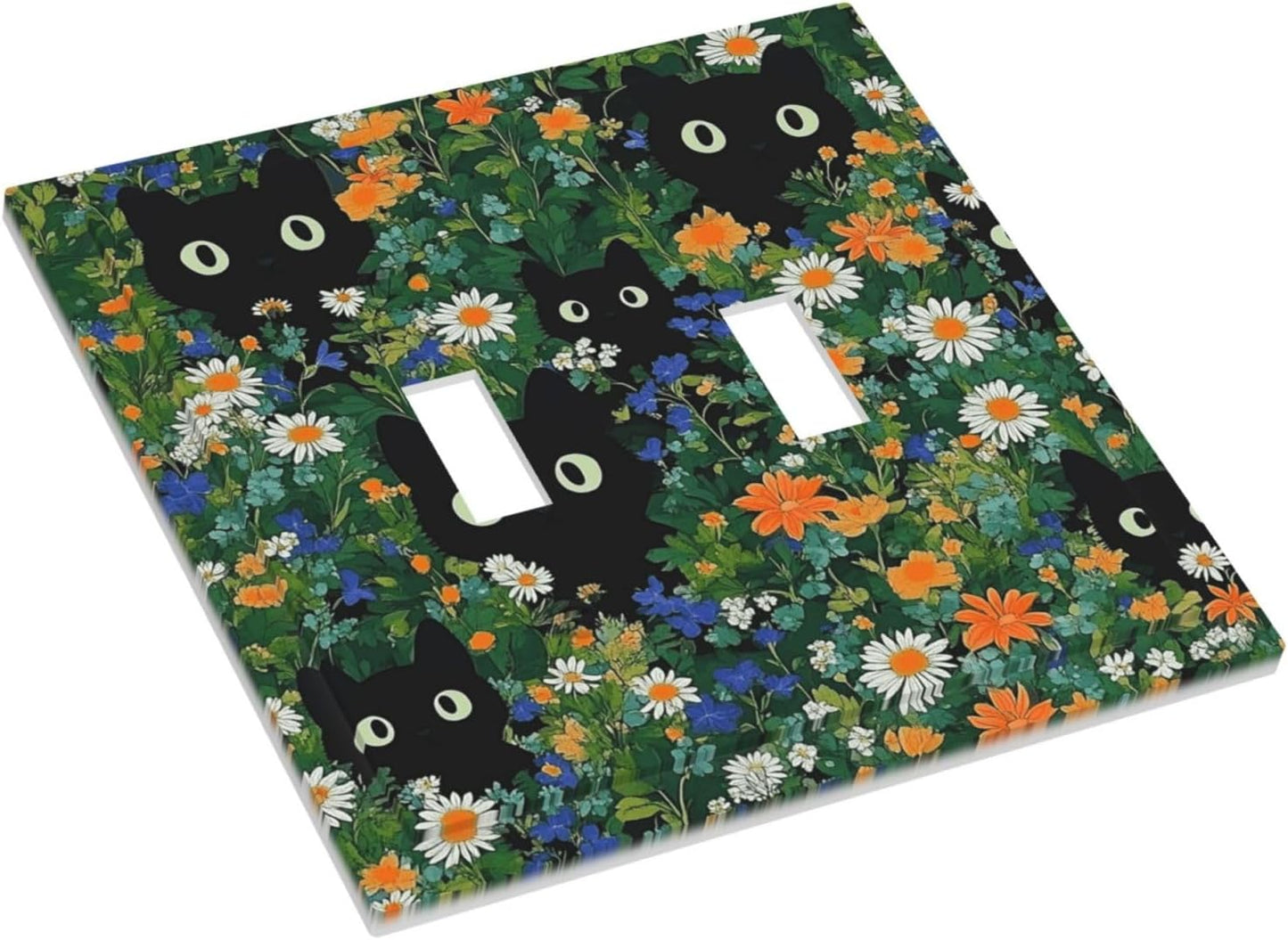 Boho Funny Black Cute Cats Daisy Wildflower Decorative Switch Plates 2 Gang Double Toggle Outlet Light Switch Cover Wall Plate Electrical Faceplate For Kids Room Bed Room Decor