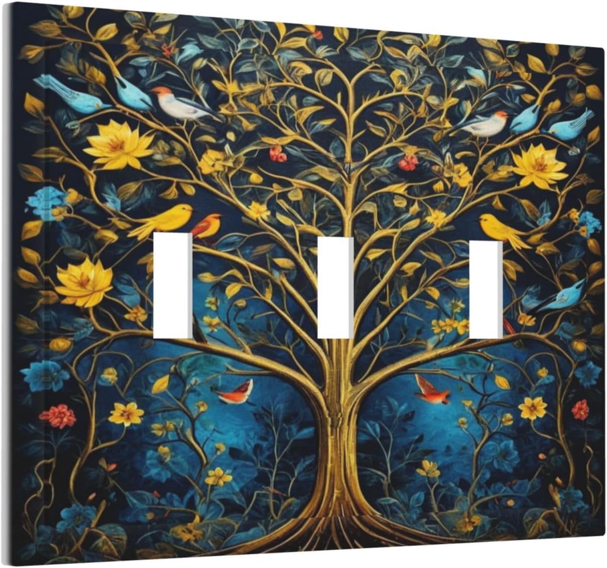 Gold Tree With Birds Flowers on Branches Light Switch Covers 3 Gang Triple Toggle Wall Plate Decorative Switchplate Electrical Faceplate for Farmhouse Living Decor