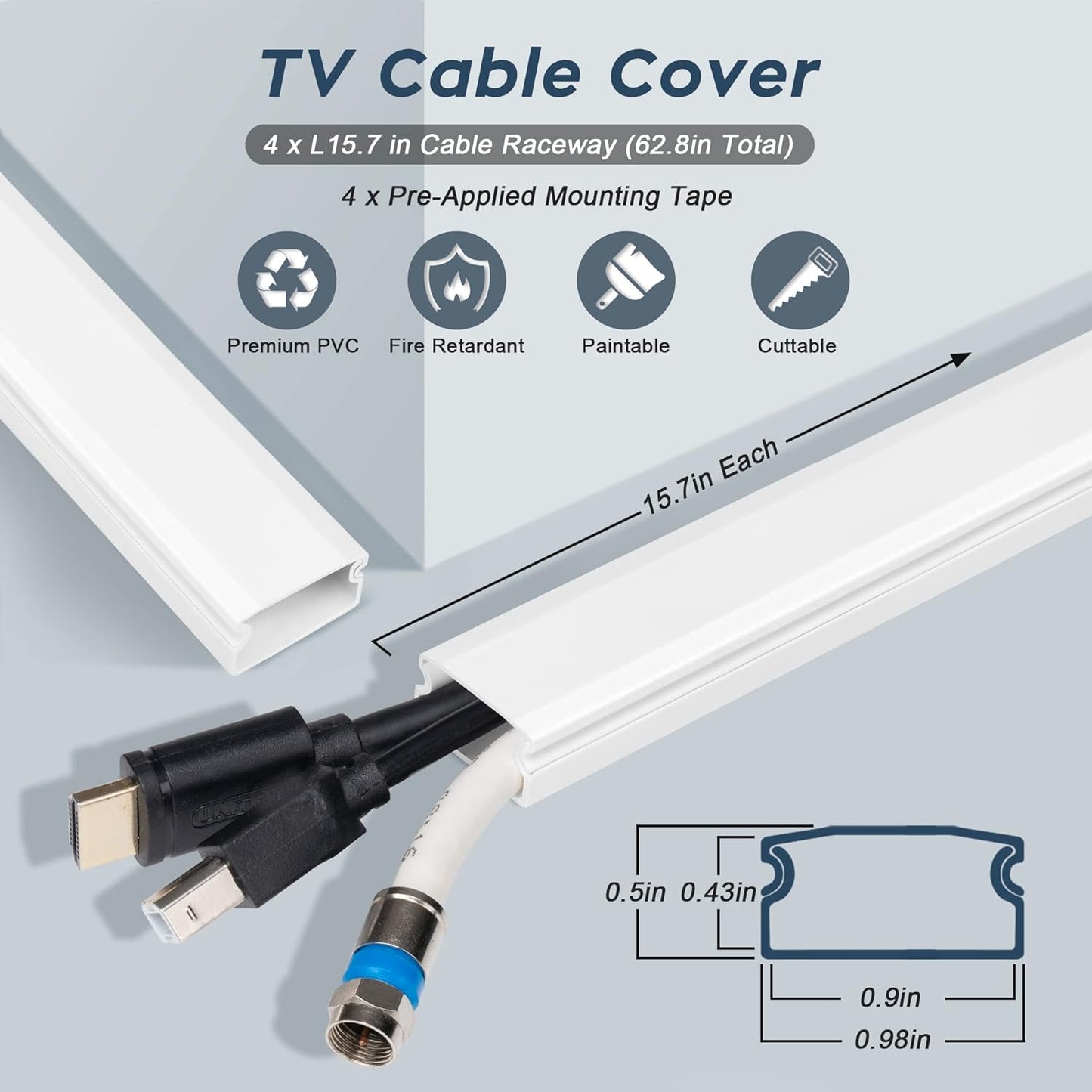 Cable Cover, 62.8in Black Cord Hider for TV, Paintable Cord Cover Kit, Hide Cords - Cord Concealer Cable Channel 4xL15.7in W0.98in H0.5in