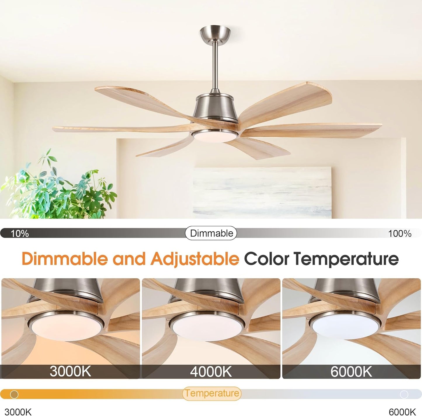 WINGBO 60" Smart Ceiling Fan with Light, Dimmable LED Light, 6-Speed Remote/APP/Voice Control, Solid Wood Blades Fan for Bedroom/Living Room/Shop Works with Alexa or Google Assistant Light Wood Color