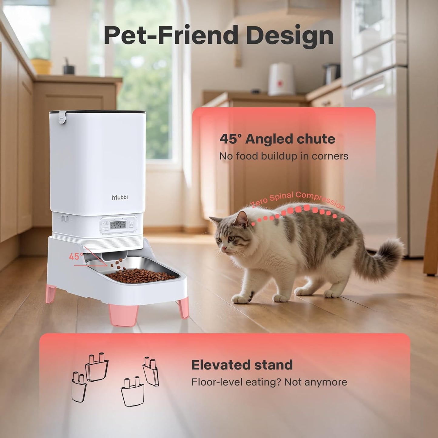 Automatic Cat Feeder, Elevated Automatic Dog Feeder, 7L Cat Food Dispenser, No-Jam, Up to 6 Meals for 2-15 mm Dry Food, Stainless Steel Bowl, No Spinal Pressure, Easy to Clean