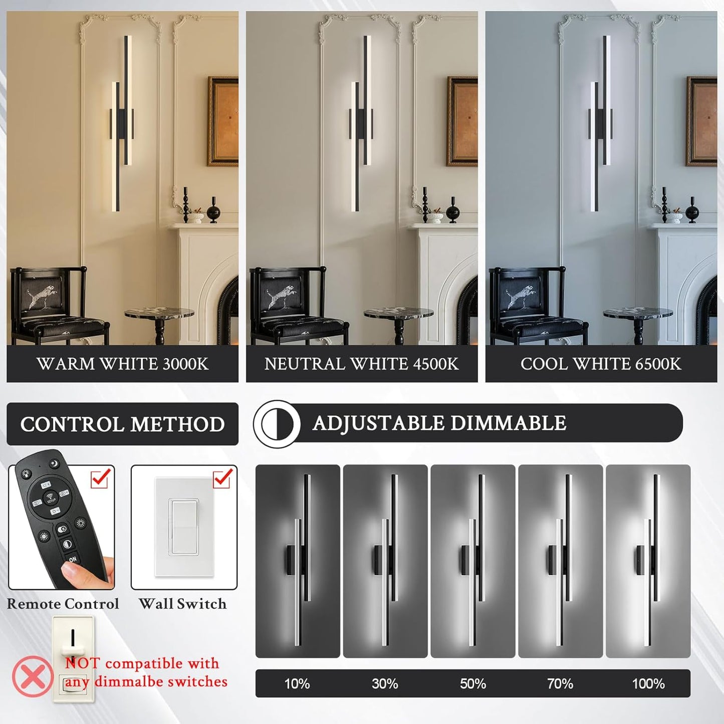 LED Wall Sconce Black Modern Remote Wall Light Fixtures for Living Room, Dimmable LED Vanity Light Indoor Remote Wall Sconce for Bedside Bedroom Bathroom Dining Room, 31.5inch 1 Pack