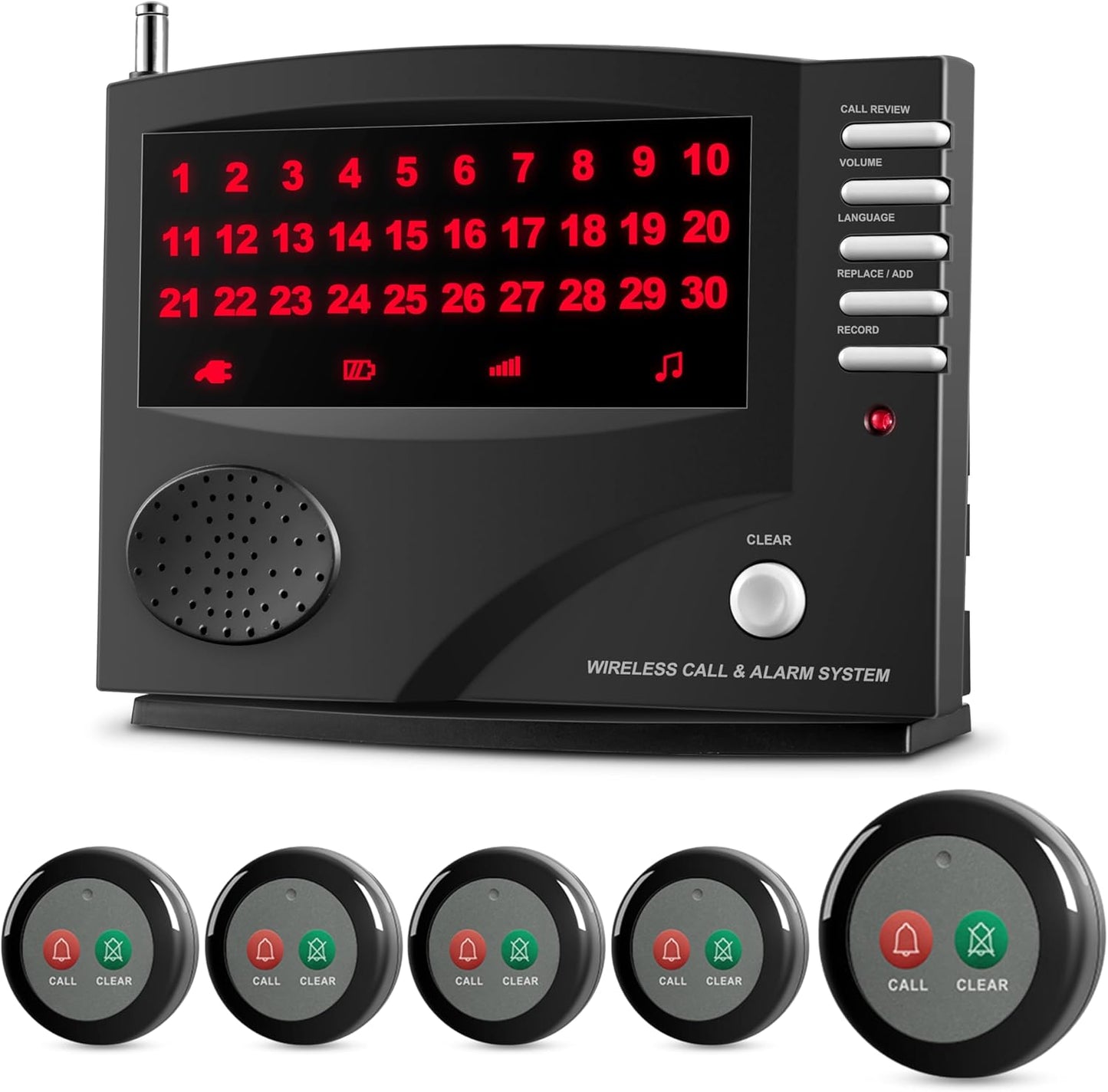 Wireless Call System Nurse Call System with 5 Dual Function Call Buttons and 1 Central Monitoring Unit for Clinic Restaurant Nursing Home Patients Caregiver Residents