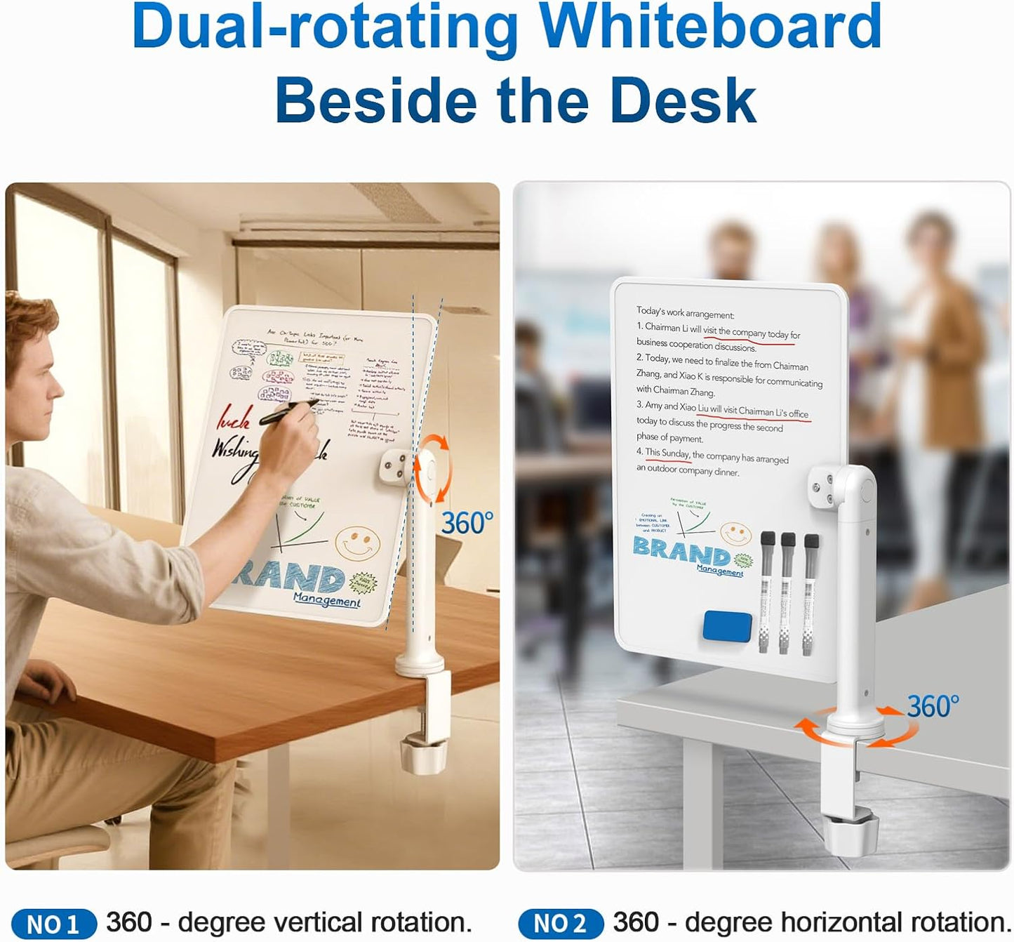 Double-Sided Desk Whiteboard with Dual 360° Swivel - 16" x 12" Clamp-On Desktop Whiteboard for Tables Under 2.3" Thick for Office, Home, School(1pc)