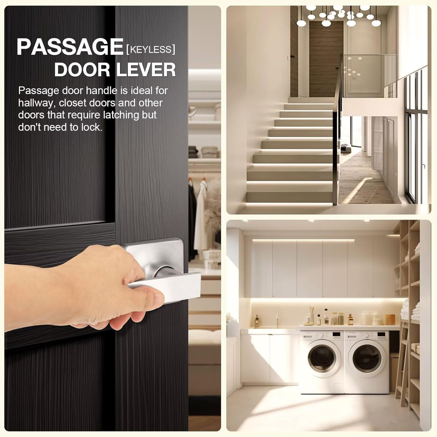 GOBEKOR 5 Pack Brushed Nickel Door Handles Interior Door Handles with Lock Nickel Passage Door Handles for Hall Closet Square Lever Door Handles