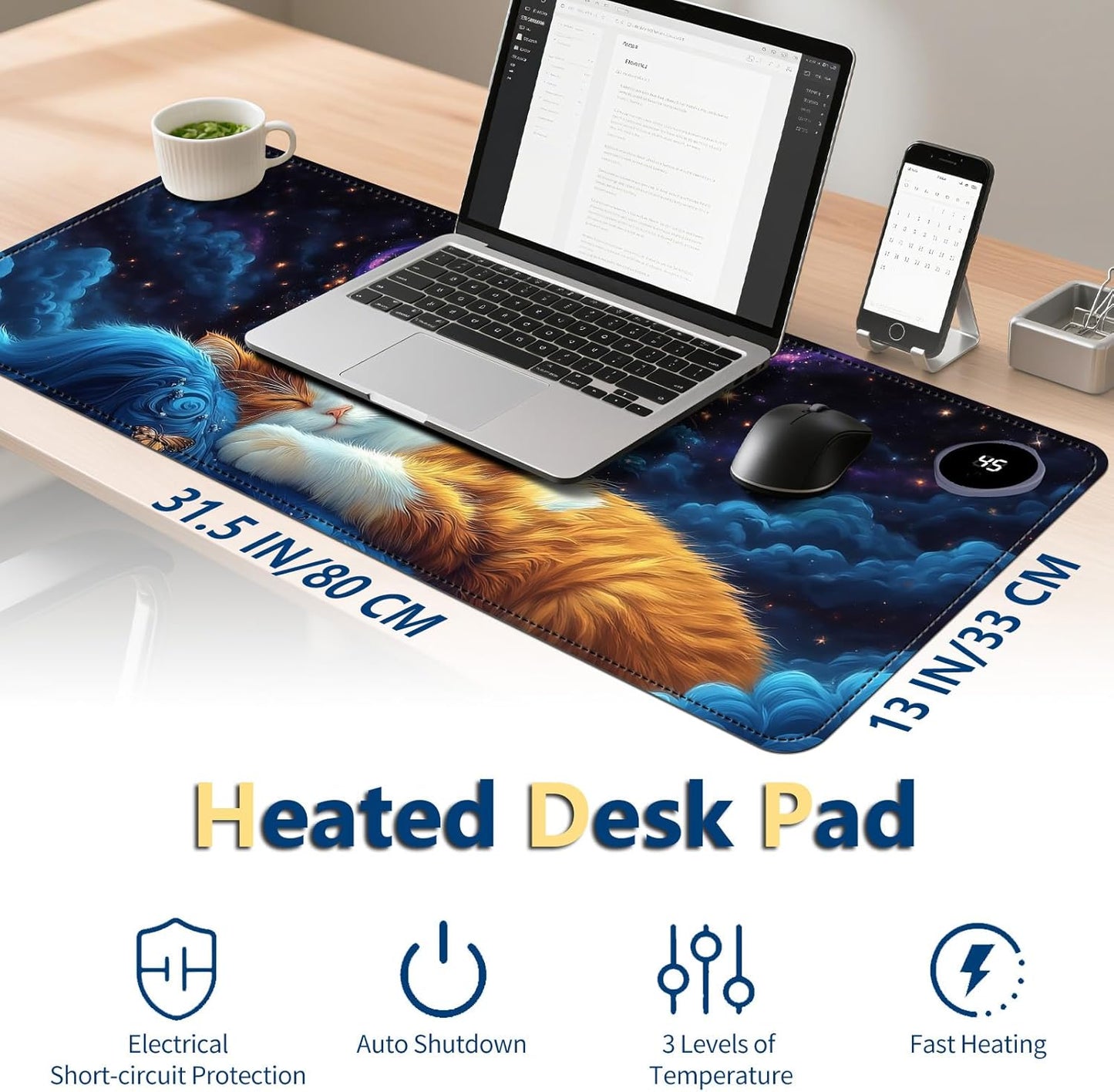 Heated Mouse Pad with 3 Temperature Settings(104°F–122°F),Large 31.5x13 Inch PU Leather Heated Desk Mat,Waterproof Warming Pad for Office,Gaming & Cold Hands Relief,Cat Bule Butterfly