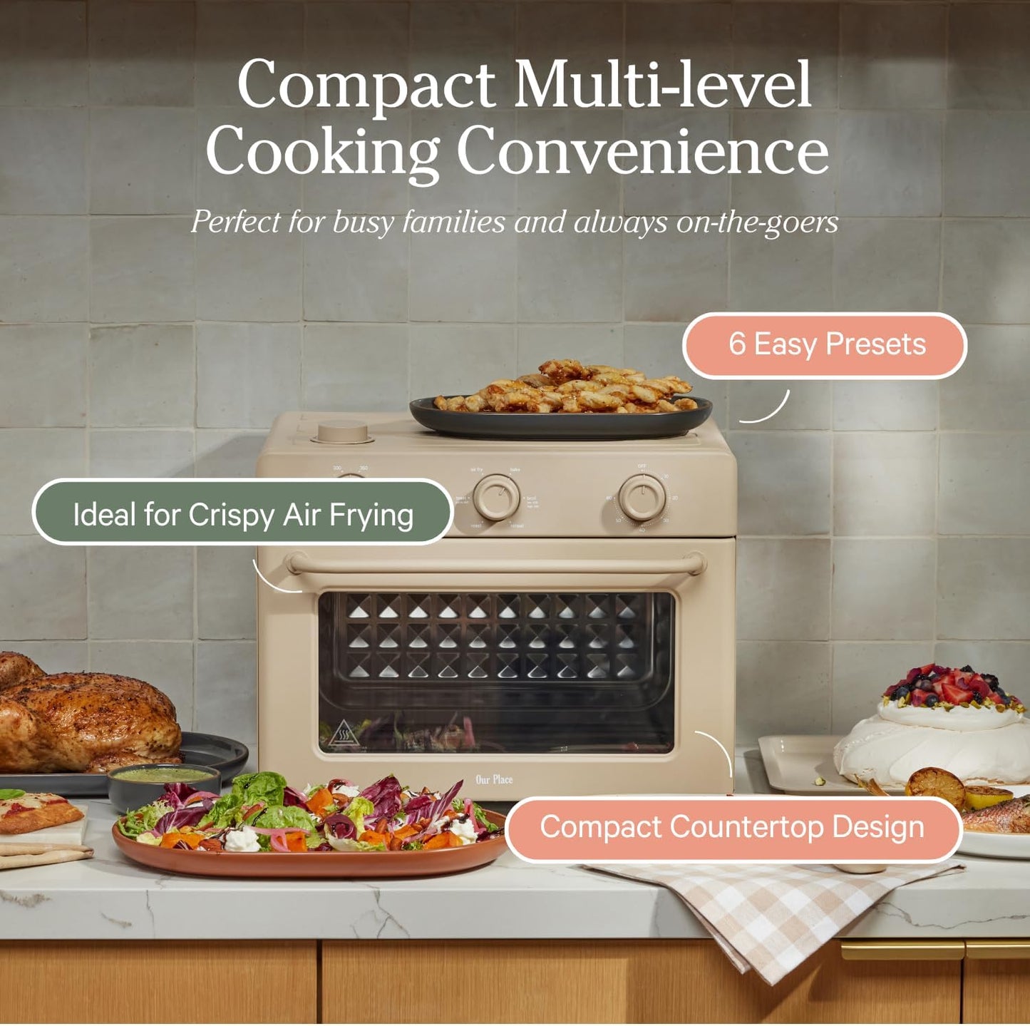 Our Place Large Wonder Oven | 6-in-1 Stainless Steel Air Fryer Toaster Oven Combo with Basket, Rack, Pan & Tray | 3-Rack, 32 QT, Large Capacity - Toast, Roast, Bake, Reheat, Broil & Steam | Steam