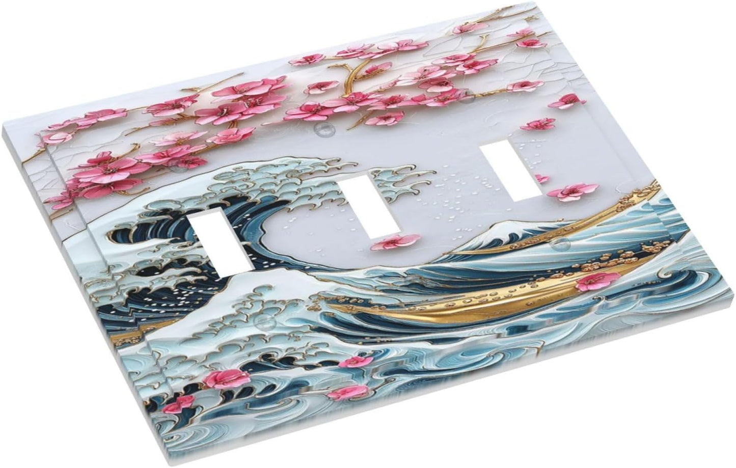 Decorative Switch Plates The Great Wave Off Kanagawa With Sakura 3 Gang Wall Plate Triple Toggle Light Switch Cover Faceplate Electrical Wall Panels for Bedroom Bathroom Decor